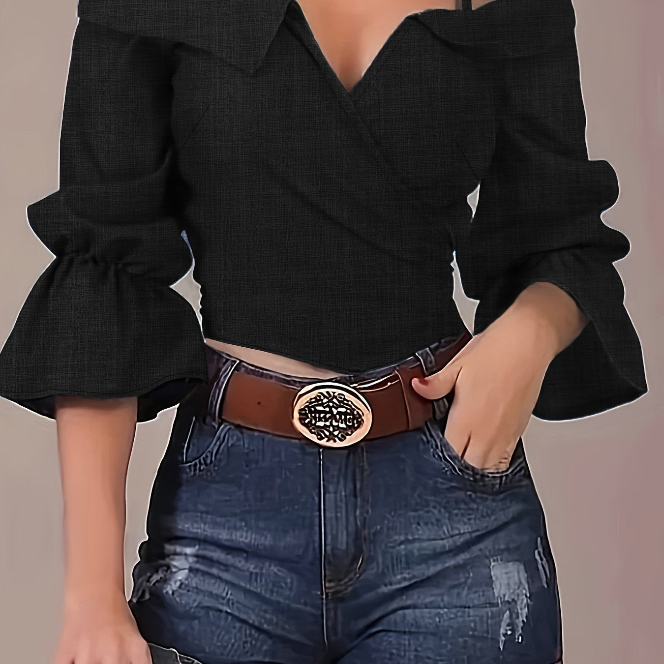 Sixsr Solid Spaghetti Strap Blouse, Casual Bell Sleeve Surplice Neck Blouse, Women's Clothing