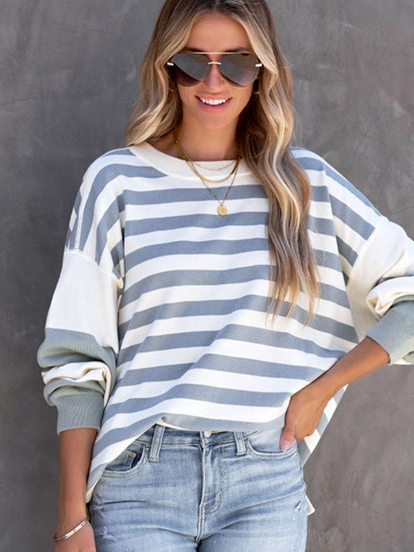 Sixsr Striped Drop Shoulder Pullover, Crew Neck Long Sleeve Sweatshirt For Fall & Winter, Women's Clothing