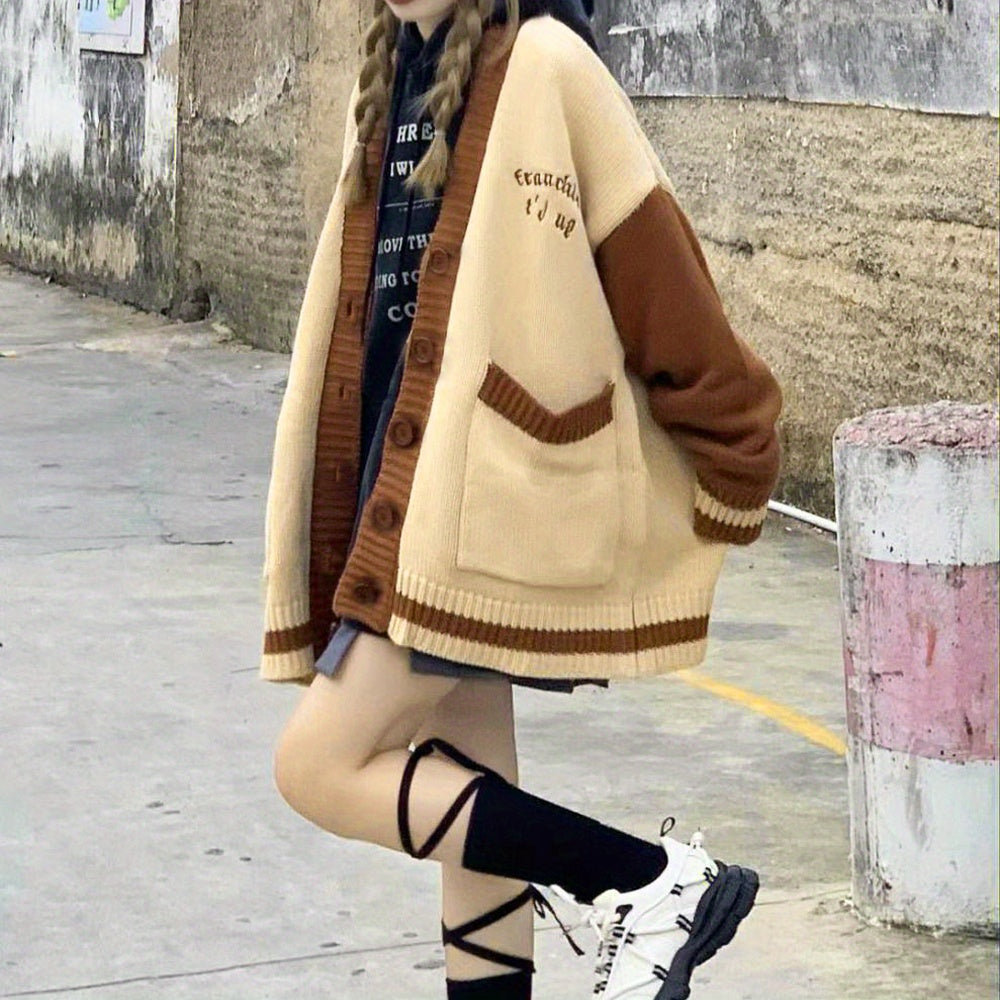 Sixsr Embroidered Color Block Drop Shoulder Cardigan, Preppy Long Sleeve Cardigan For Fall & Winter, Women's Clothing