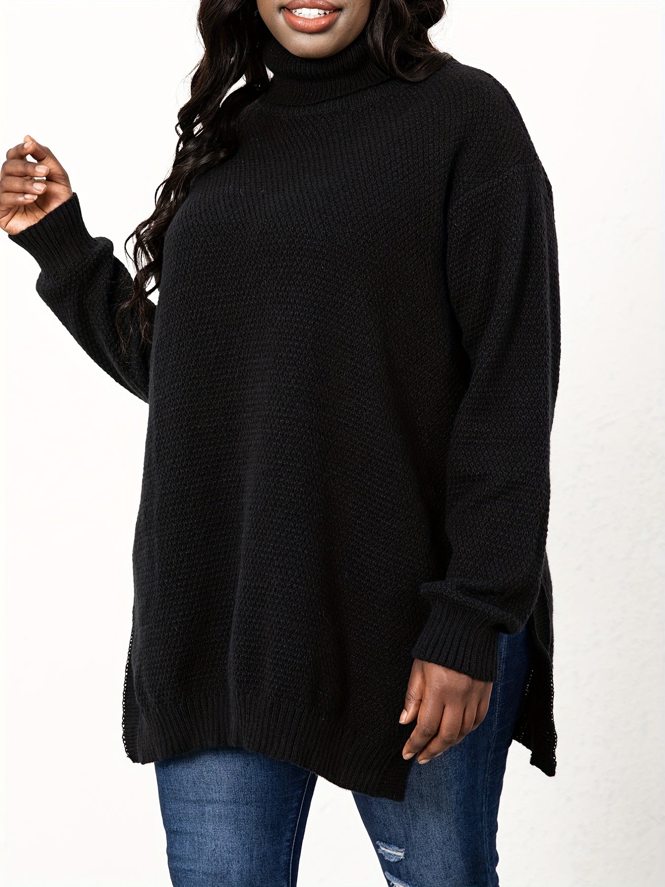 Sixsr Plus Size Turtle Neck Knit Side Slit Sweater, Women's Plus Solid High Stretch Elegant Sweater