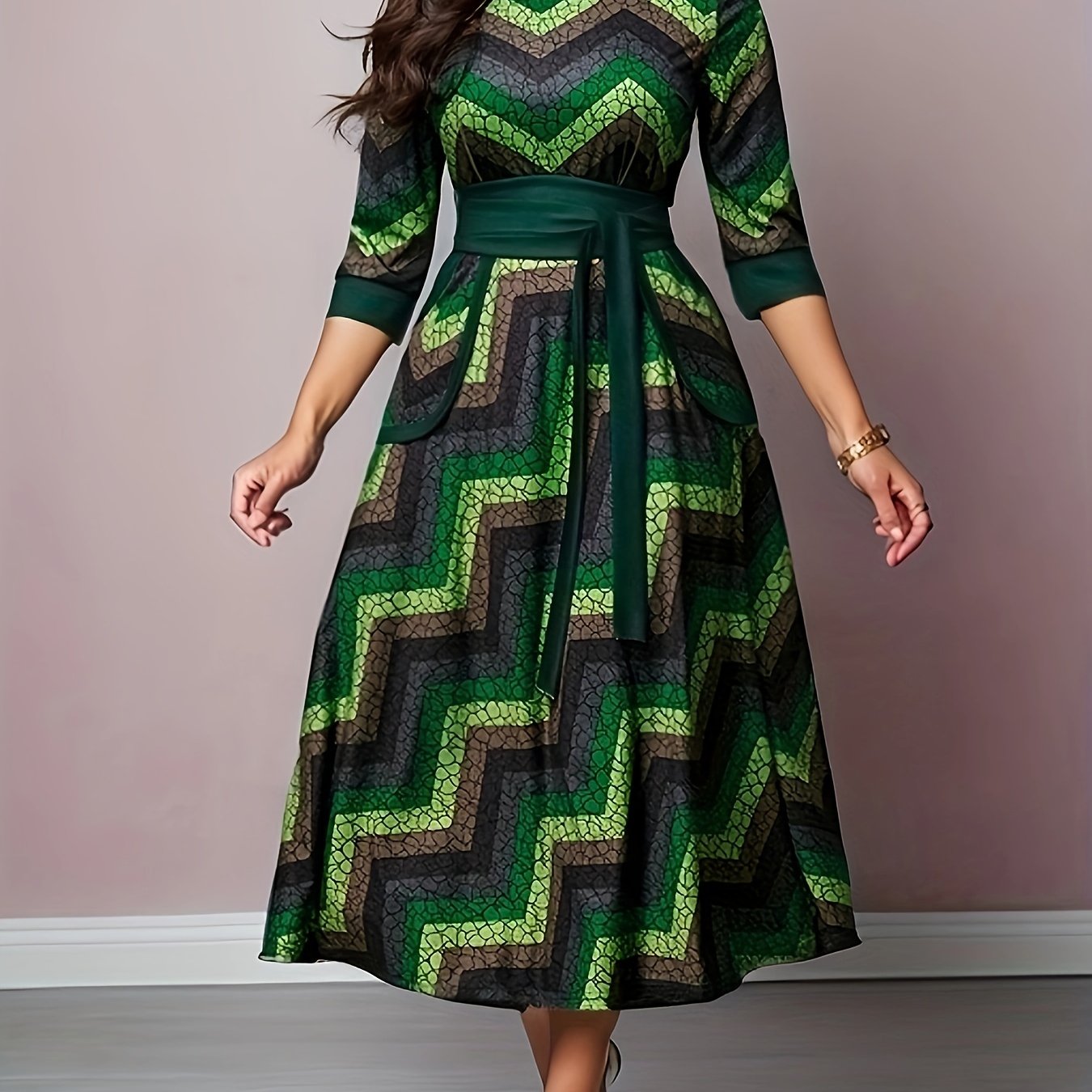 Sixsr Geo Print Tie Front Dress, Casual Pocket Crew Neck Half Sleeve Dress, Women's Clothing