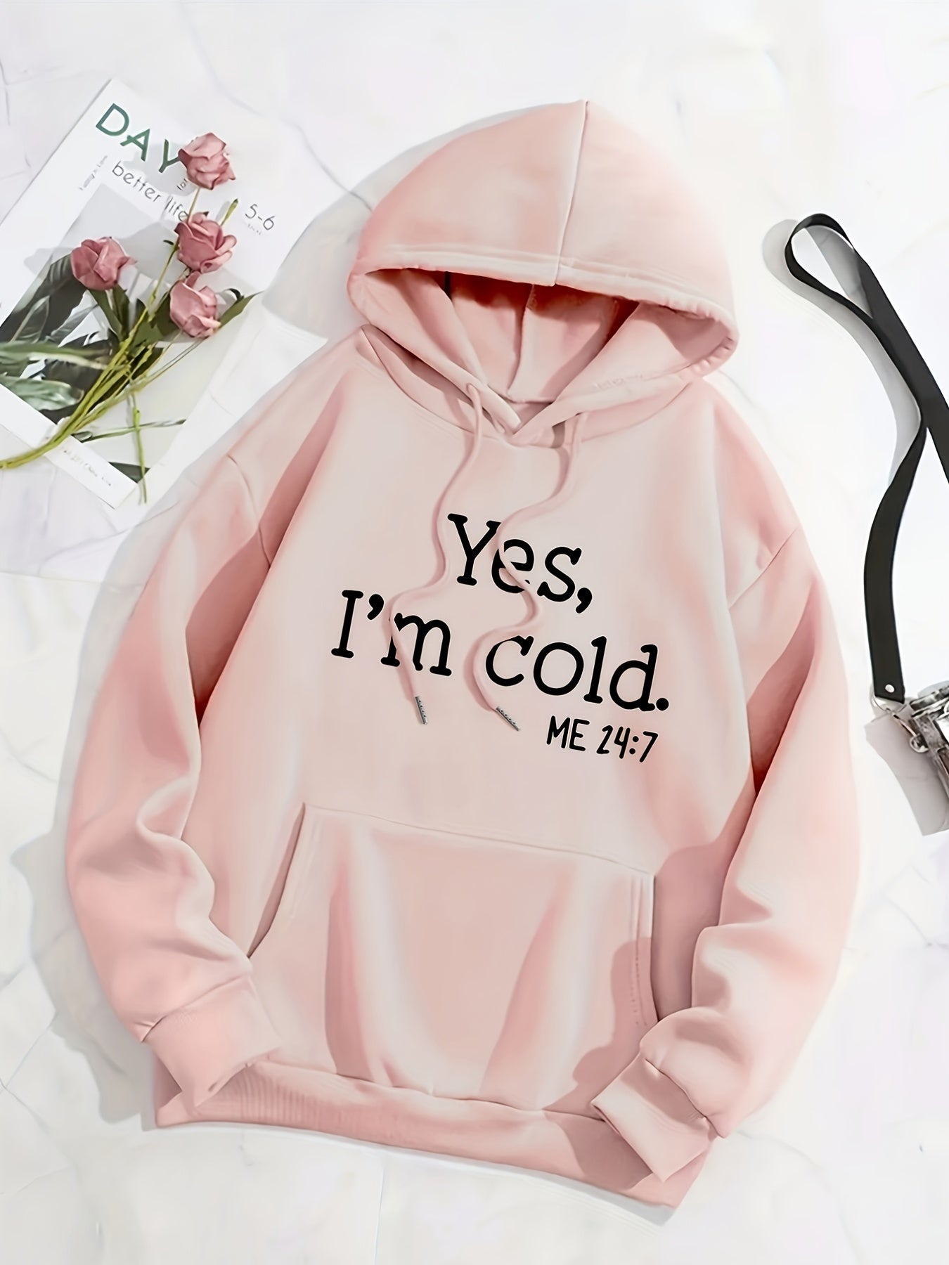 Sixsr Yes I'm Cold Letter Graphic Hoodies, Long Sleeve Casual Everyday Kangaroo Pullover Tee Shirt, Women's Clothing