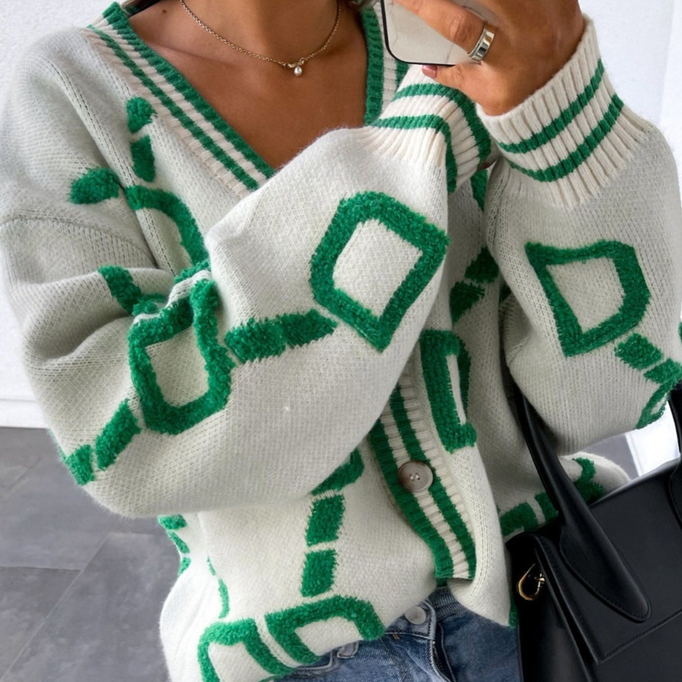 Sixsr High Contrast Knit Cardigan, V-Neck Button Up Cardigan Sweater, Casual Tops For Fall & Winter, Women's Clothing