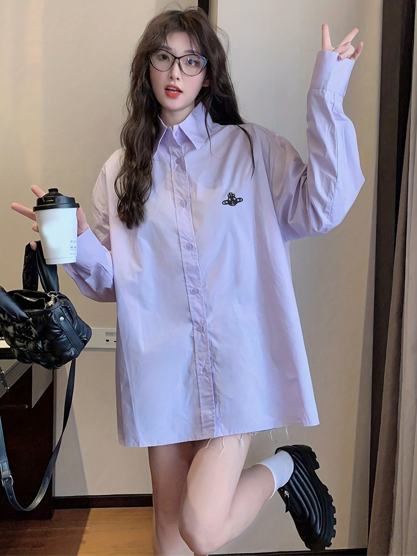 Sixsr Embroidered Solid Shirt, Casual Oversized Button Front Long Sleeve Shirt, Women's Clothing