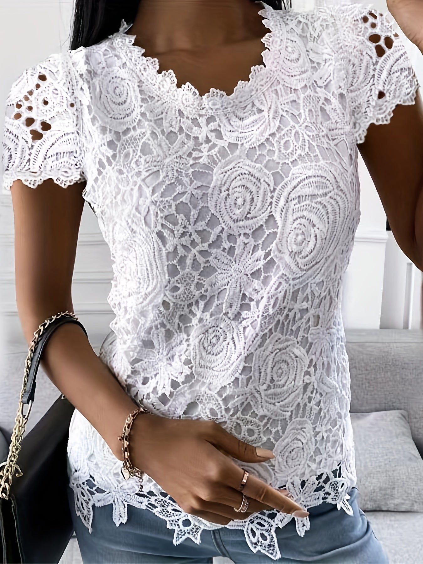 Sixsr Lace Crew Neck T-Shirt, Elegant Short Sleeve T-Shirt For Spring & Summer, Women's Clothing