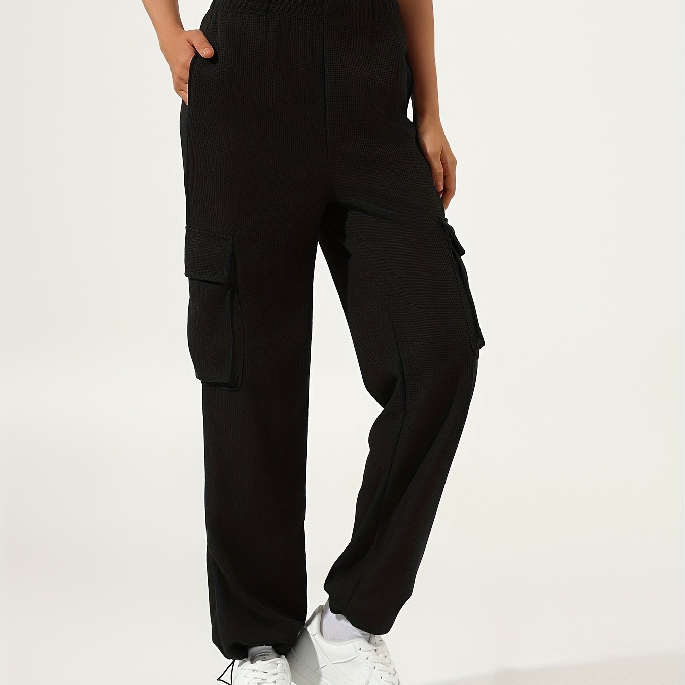 Sixsr Waffle Casual Sports Elastic Waist Sweatpants, Multi-pocket High Waist Solid Color Joggers Pants, Women's Athleisure