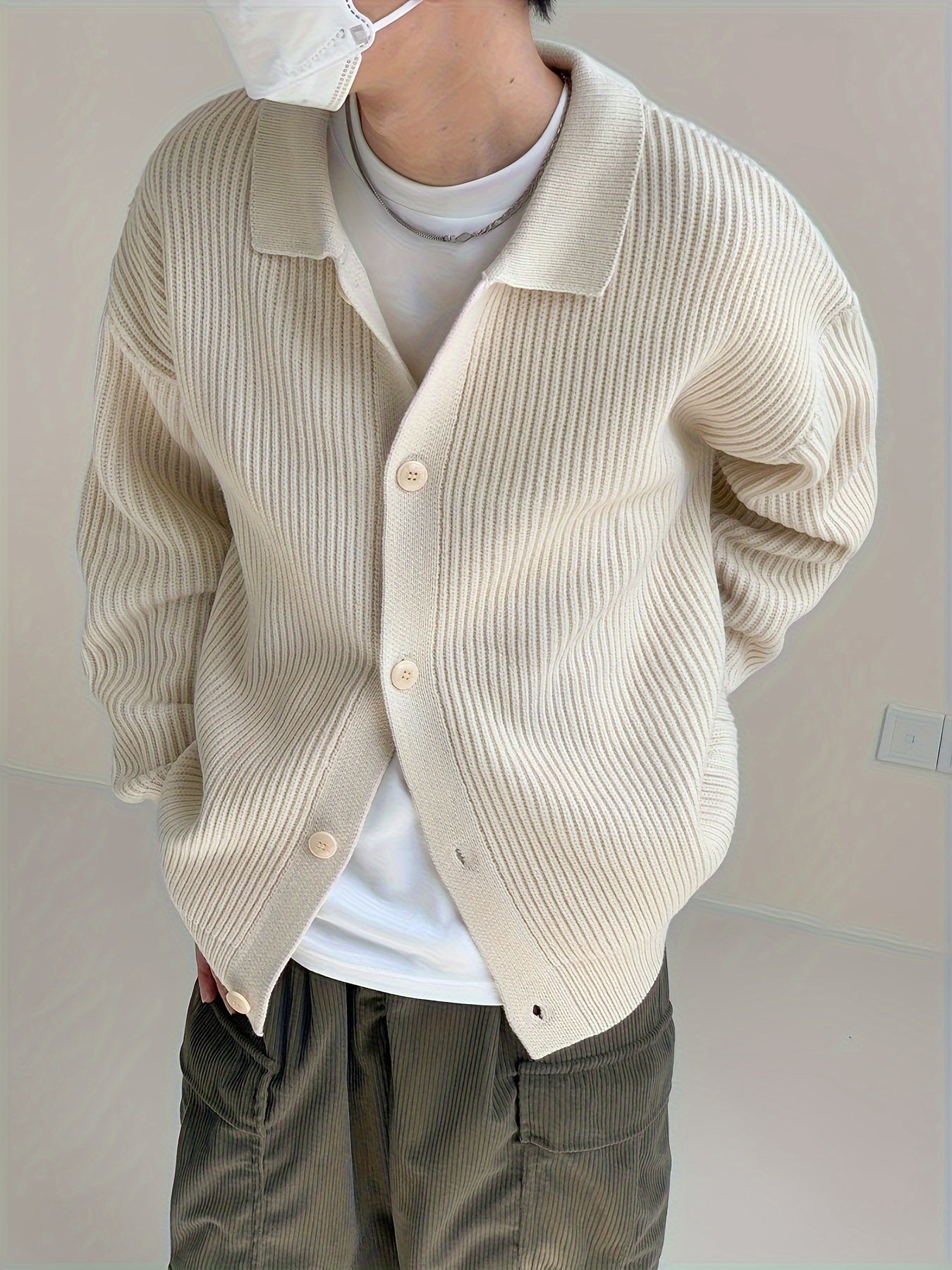 Sixsr Men's Stylish Solid Loose Knitted Cardigan, Casual Medium Stretch Breathable Long Sleeve Button Up Top For City Walk Street Hanging Outdoor Activities