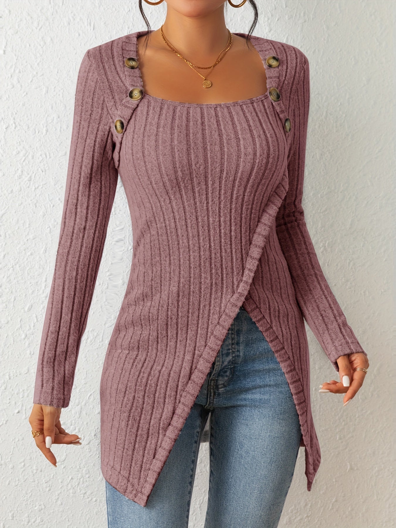 Sixsr Ribbed Button Decor Asymmetrical Hem T-Shirt, Casual Long Sleeve Top For Spring & Fall, Women's Clothing