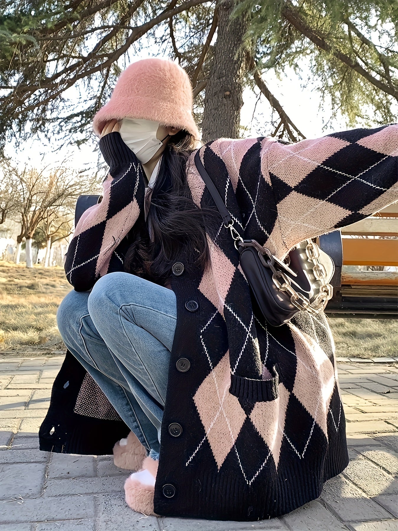 Sixsr Argyle Print Button Front Knit Cardigan, Vintage V Neck Long Sleeve Sweater, Women's Clothing