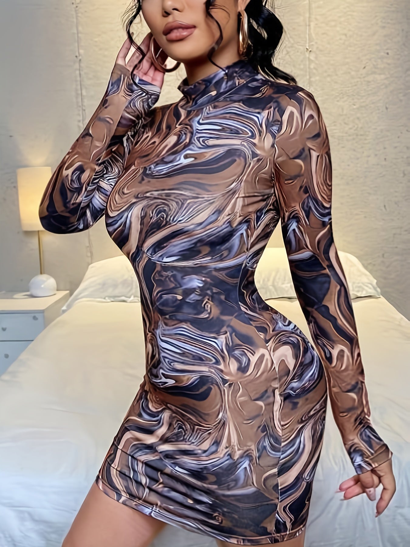 Sixsr Abstract Ripple Print Dress, Sexy Mock Neck Long Sleeve Bodycon Dress, Women's Clothing