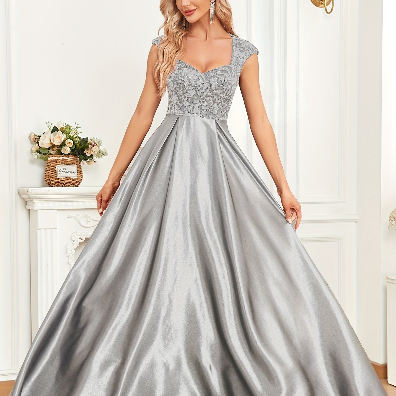 Sixsr Cap Sleeve Embroidered Dress, Elegant V-neck Floor Length Dress For Wedding Party, Women's Clothing