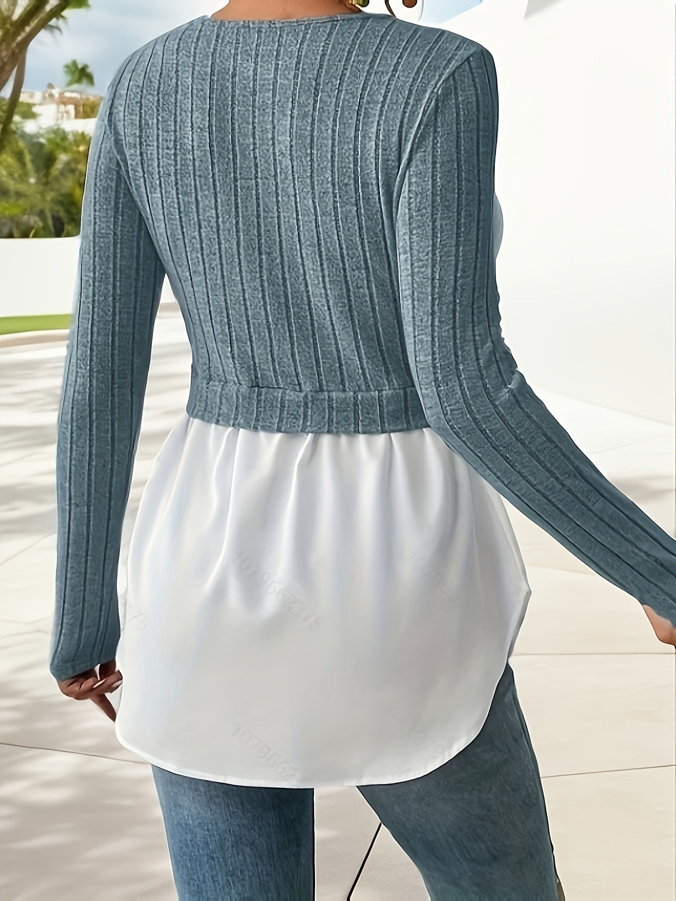 Sixsr 2 In 1 Ribbed Paneled Crew Neck T-Shirt, Casual Long Sleeve Top For Spring & Fall, Women's Clothing