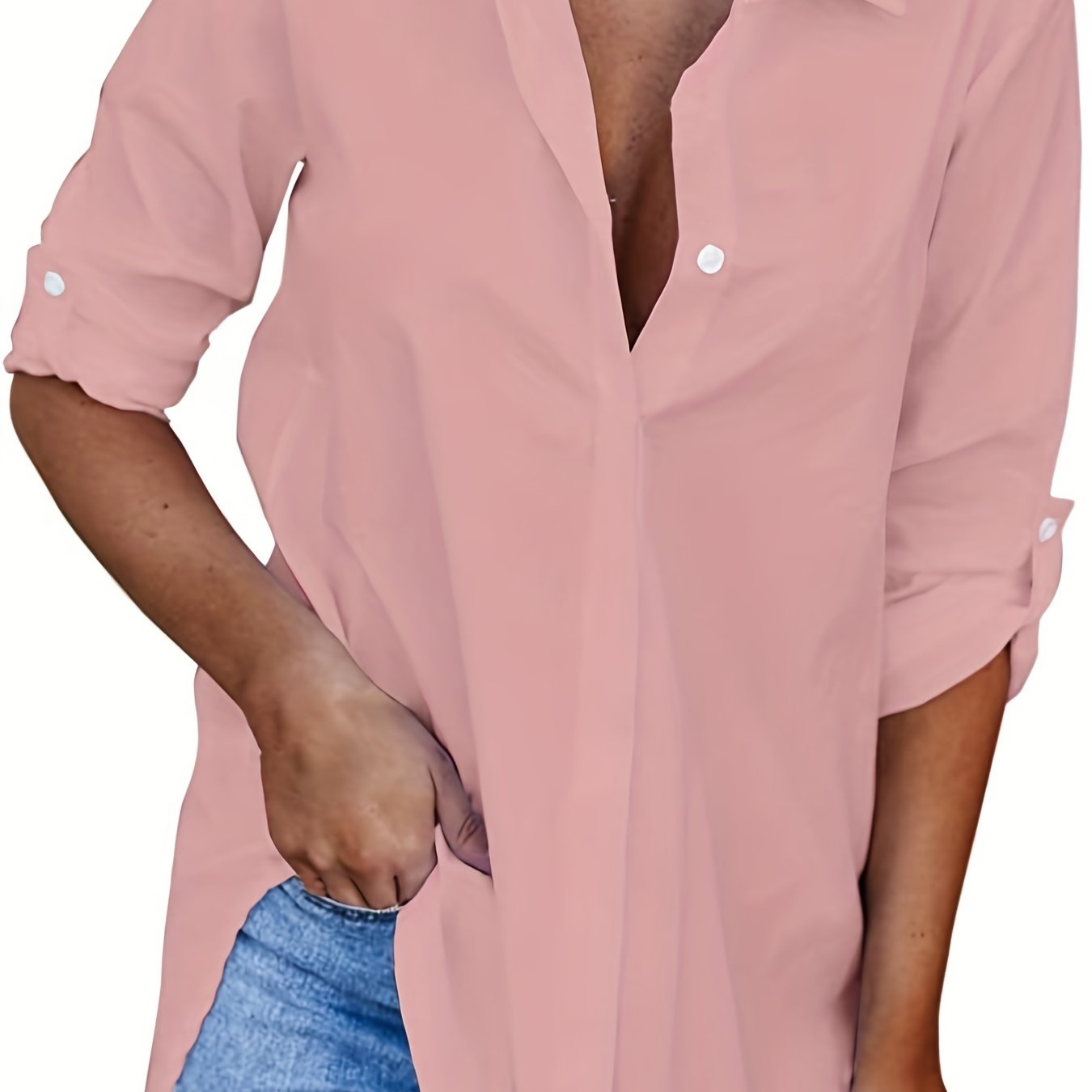Sixsr Women's Blouse V-neck Solid Button Long Sleeve Casual Blouse