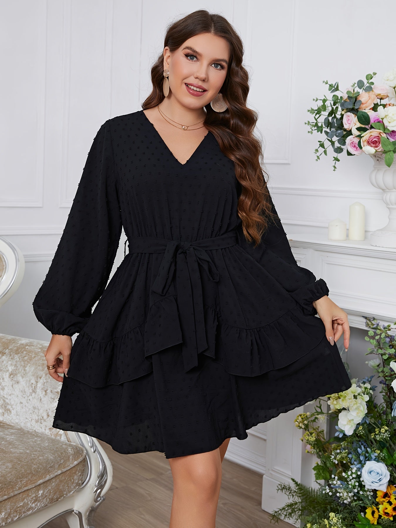 Sixsr Plus Size V Neck Long Sleeve Belted Midi Dress, Women's Plus Elegant Peplum Going Out Elegant Midi Dress