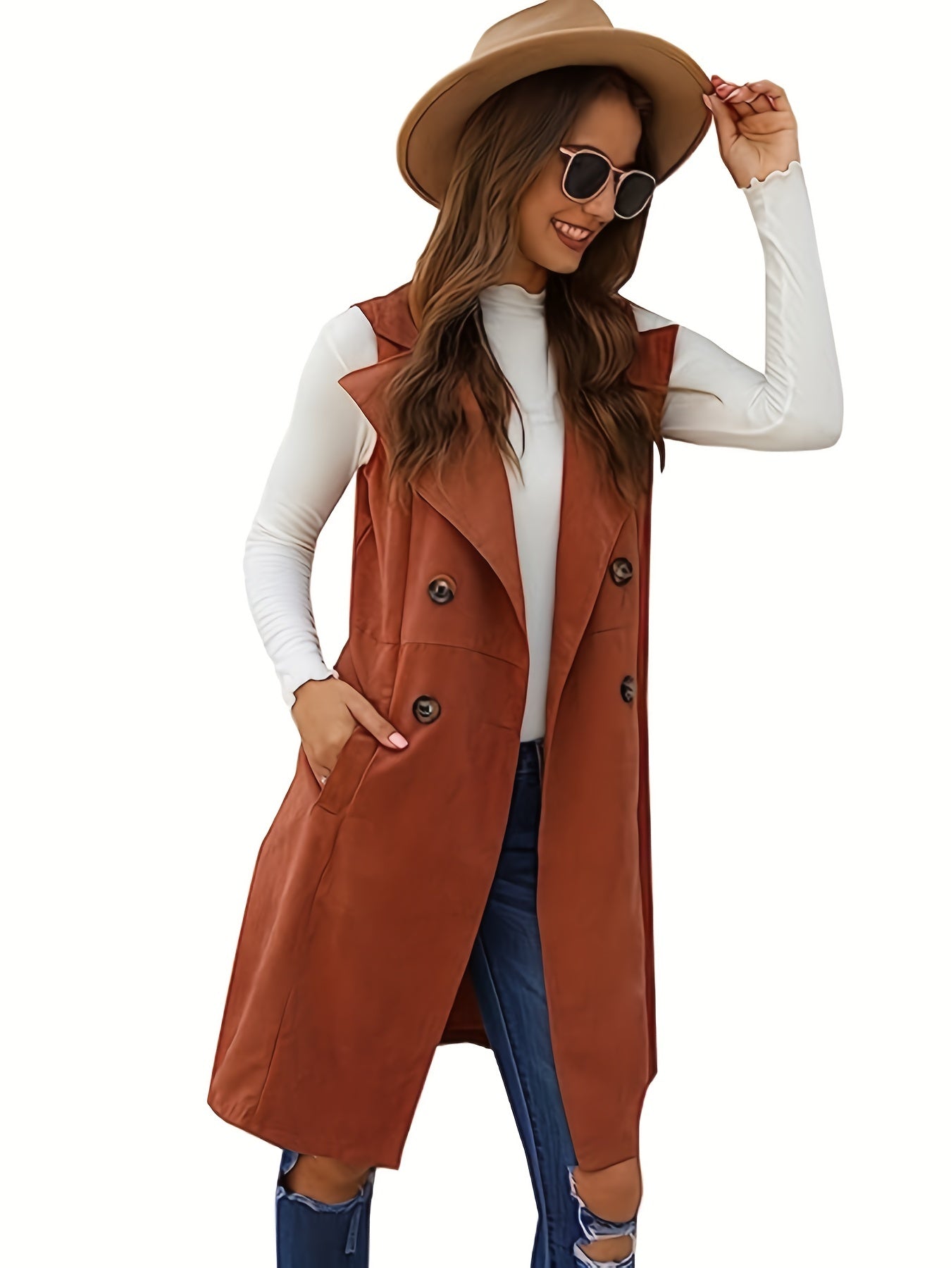 Sixsr Plus Size Casual Jacket, Women's Plus Double Breasted Sleeveless Long Vest Jacket With Pockets