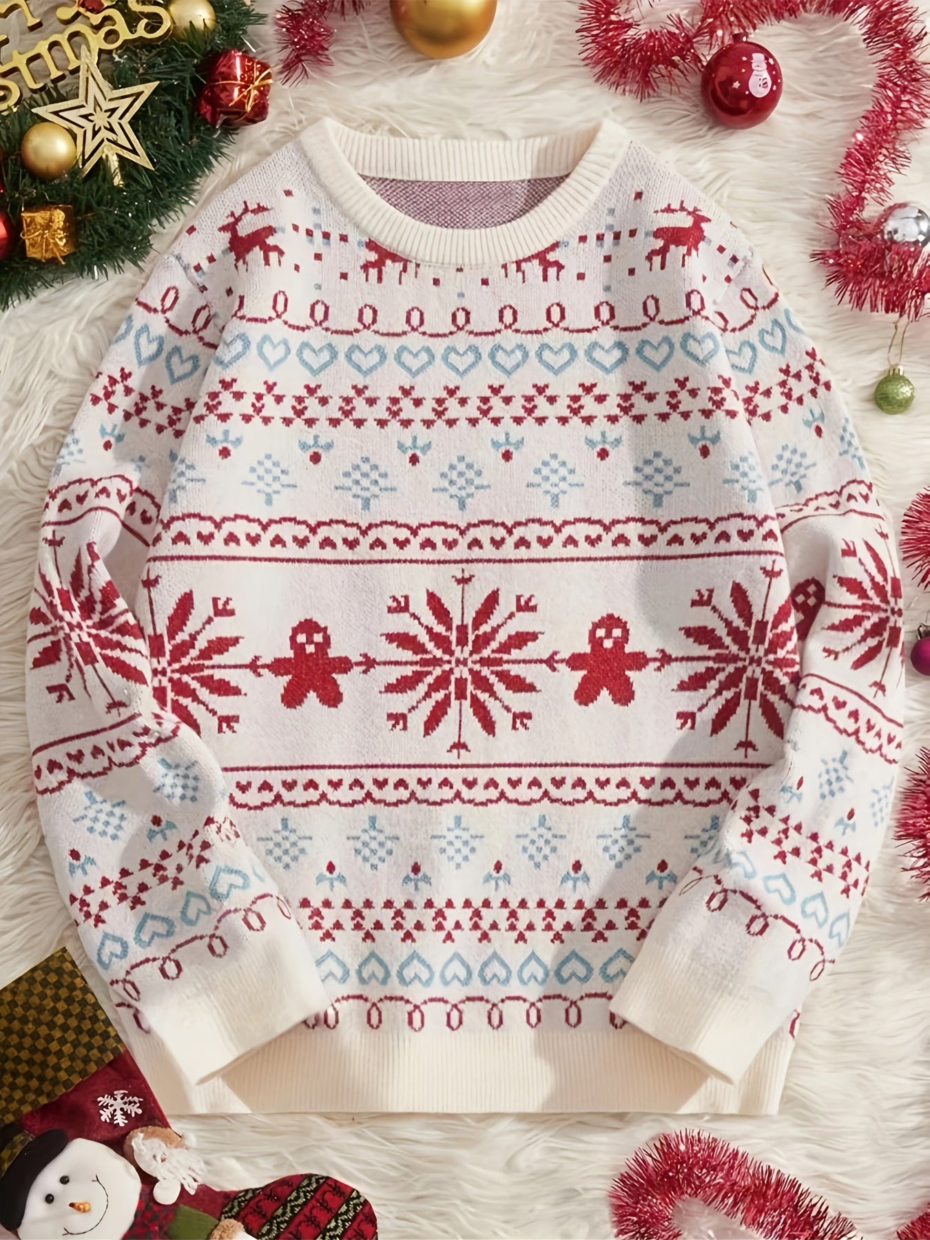 Sixsr Christmas Snowflake Pattern Knitted Pullover Sweater, Casual Long Sleeve Sweater For Fall & Winter, Women's Clothing