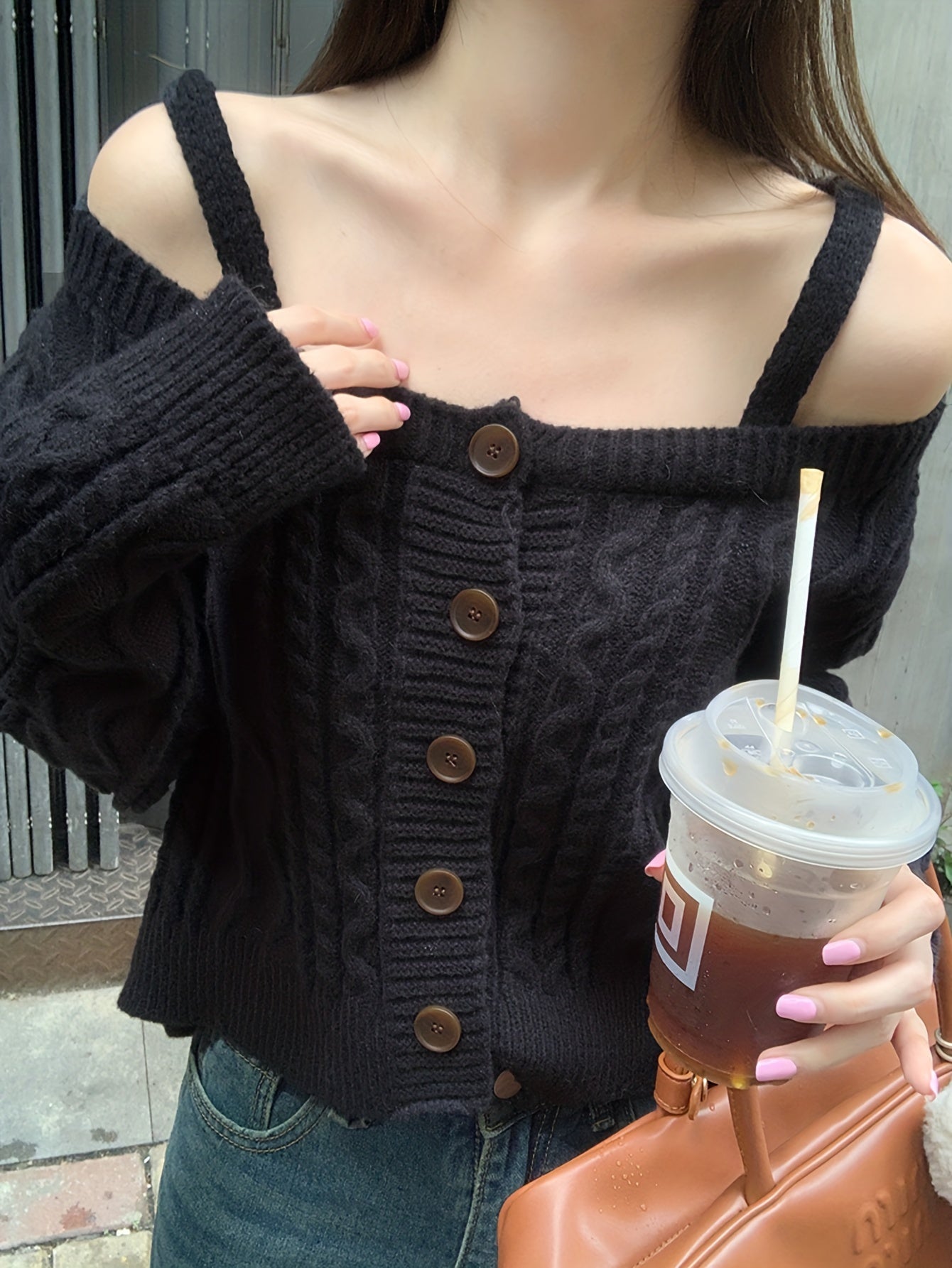Sixsr Solid Off Shoulder Cable Knit Cardigan, Casual Button Down Fashion Sweater, Women's Clothing