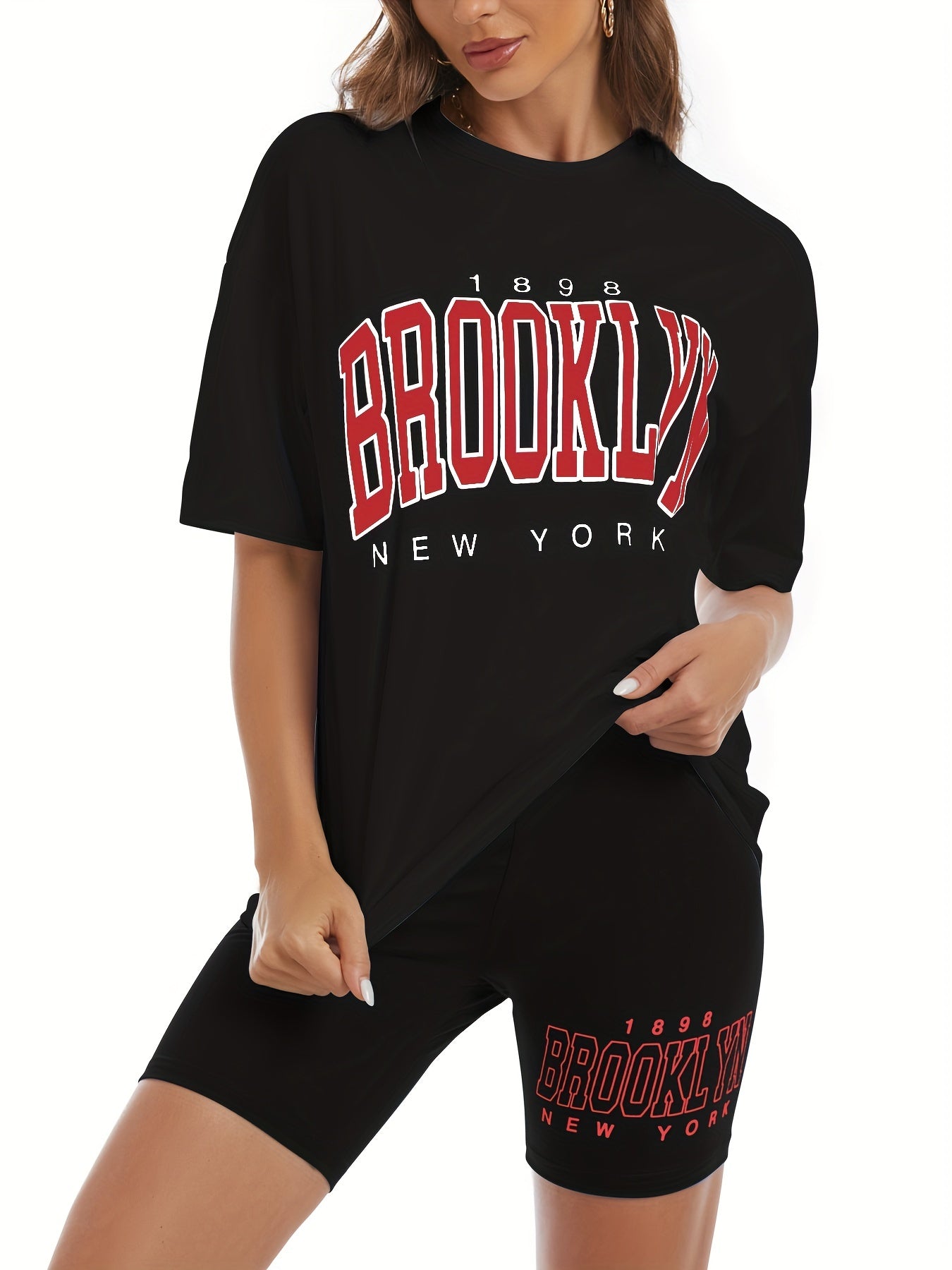Sixsr Stylish Letter Print Two-piece Set, Casual Crew Neck Short Sleeve T-shirt & Slim Summer Shorts Outfits, Women's Clothing