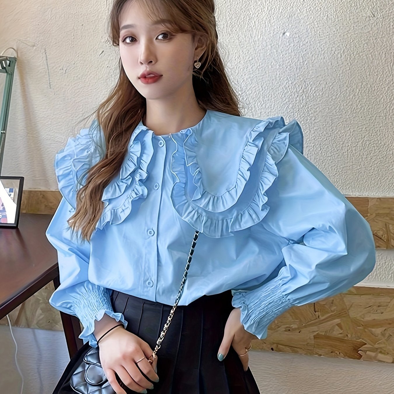 Sixsr Solid Lapel Collar Lettuce Trim Blouse, Long Sleeve Button Up Casual Blouse, Women's Clothing