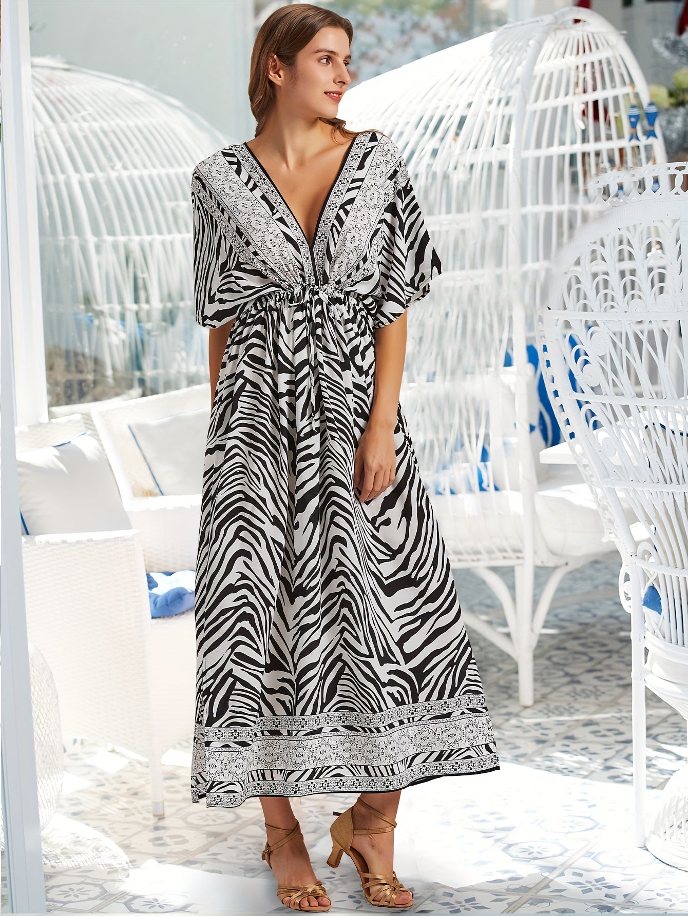Sixsr Zebra Print Split Midi Dress, Boho V Neck Batwing Sleeve Dress, Women's Clothing