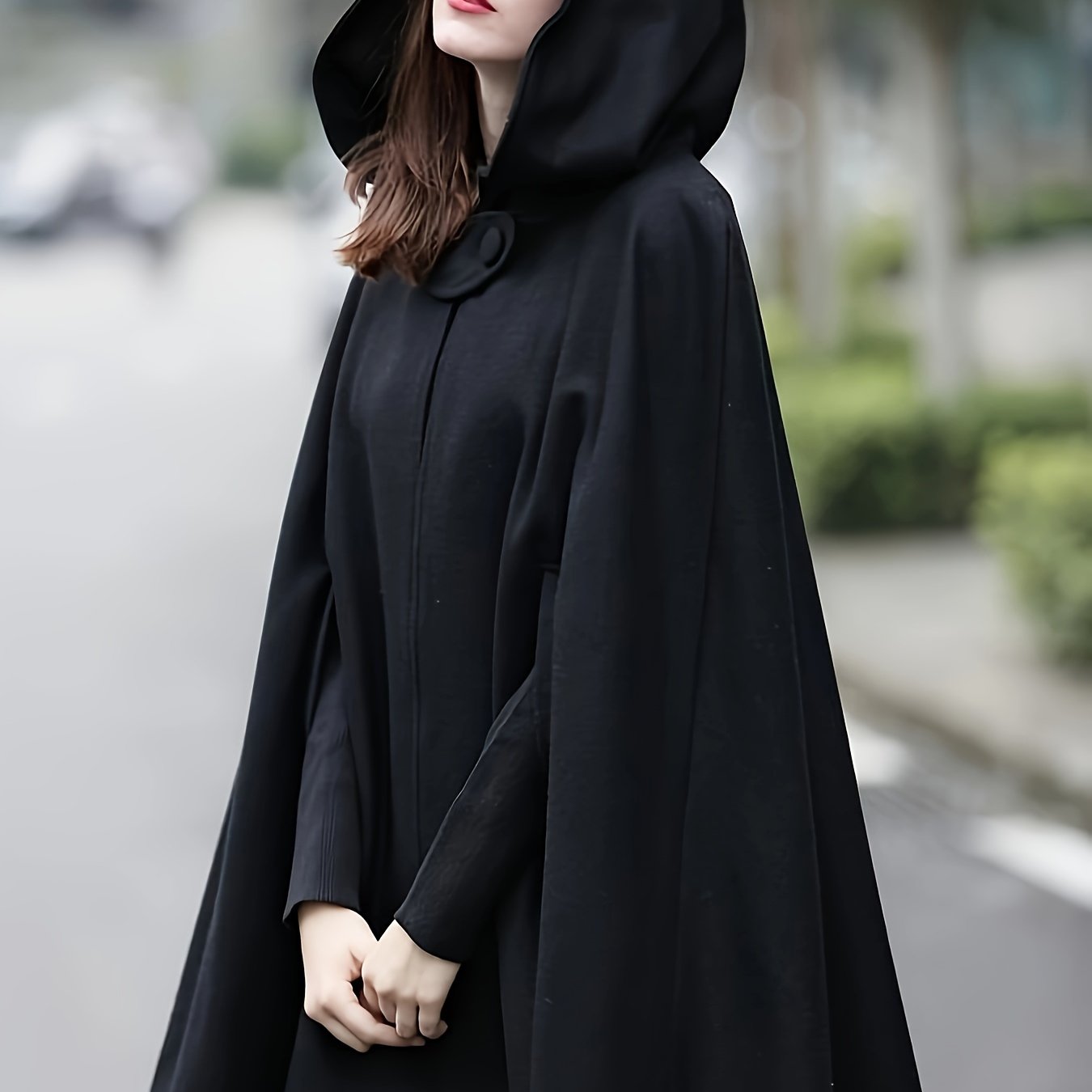 Sixsr Plus Size Elegant Coat, Women's Plus Solid Split Cape Sleeve Button Detail Hooded Shawl Coat