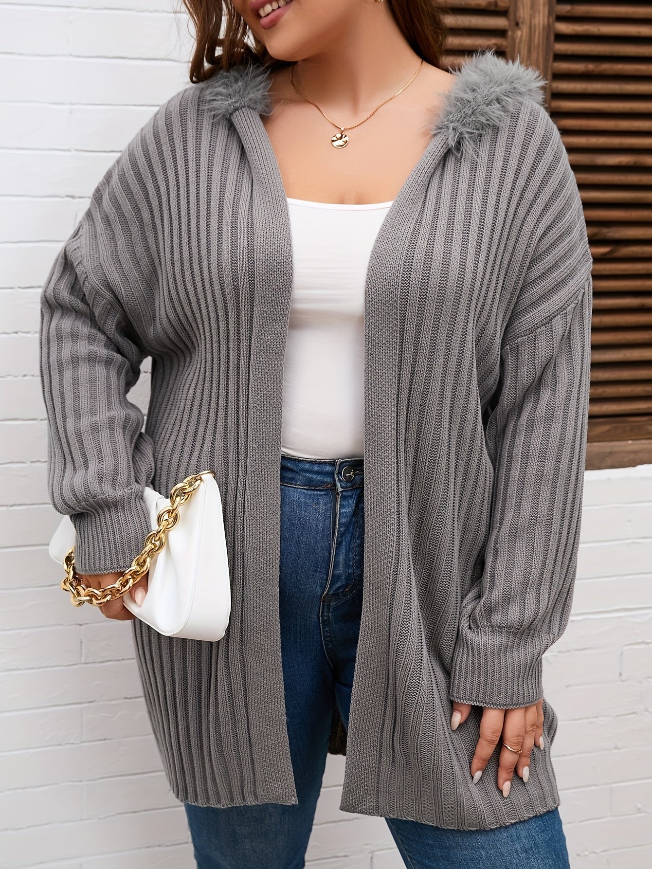 Sixsr Solid Open Front Rib Knit Cardigan, Casual Hooded Long Sleeve Loose Sweater Coat, Women's Clothing