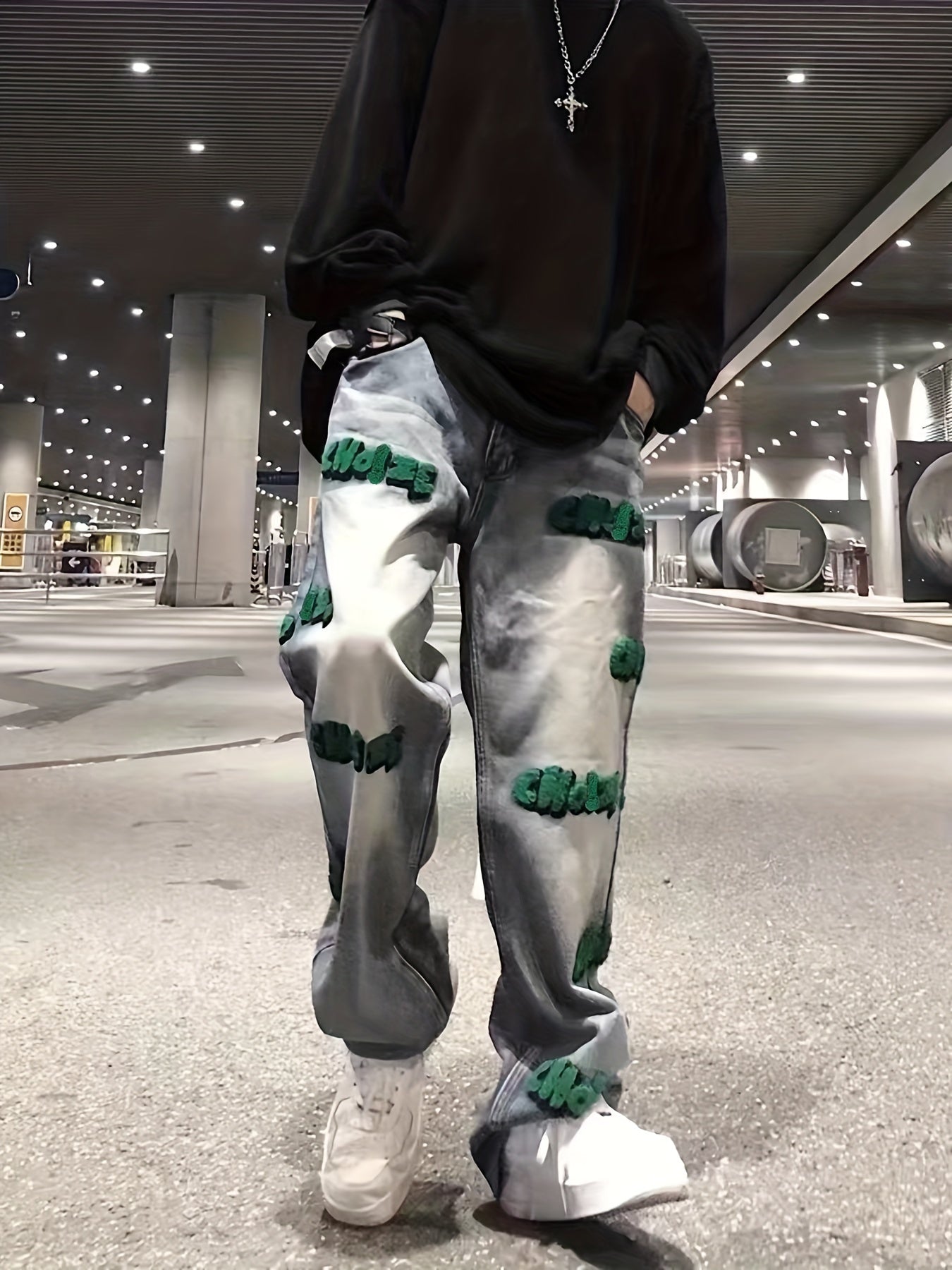 Sixsr Embroidery Cotton Baggy Jeans, Men's Casual Creative Street Style Denim Pants For Spring Summer