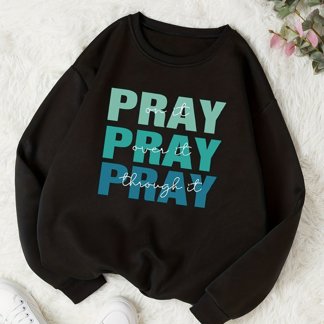 Sixsr Pray Letter Print Thermal Sweatshirt, Long Sleeve Crew Neck Casual Sweatshirt For Spring & Fall, Women's Clothing