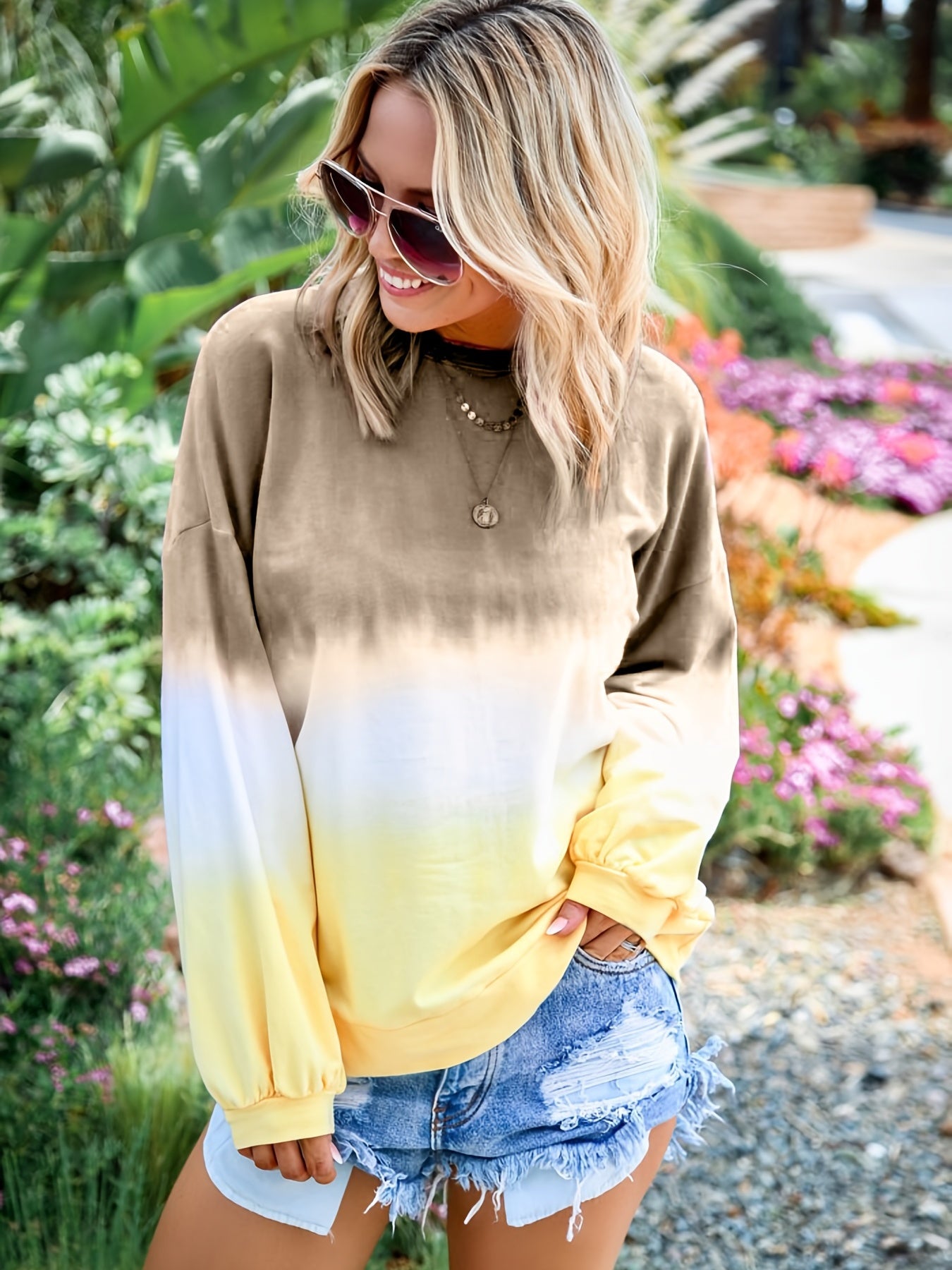 Sixsr Striped Tie Dye Pullover Sweatshirt, Casual Crew Neck Long Sleeve Sweaters, Women's Clothing