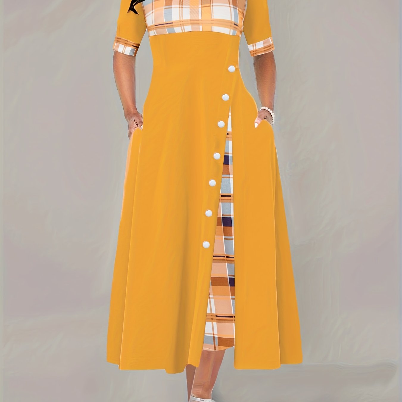 Sixsr Plus Size Casual Dress, Women's Plus Plaid Print Button Decor Short Sleeve Dress With Pockets