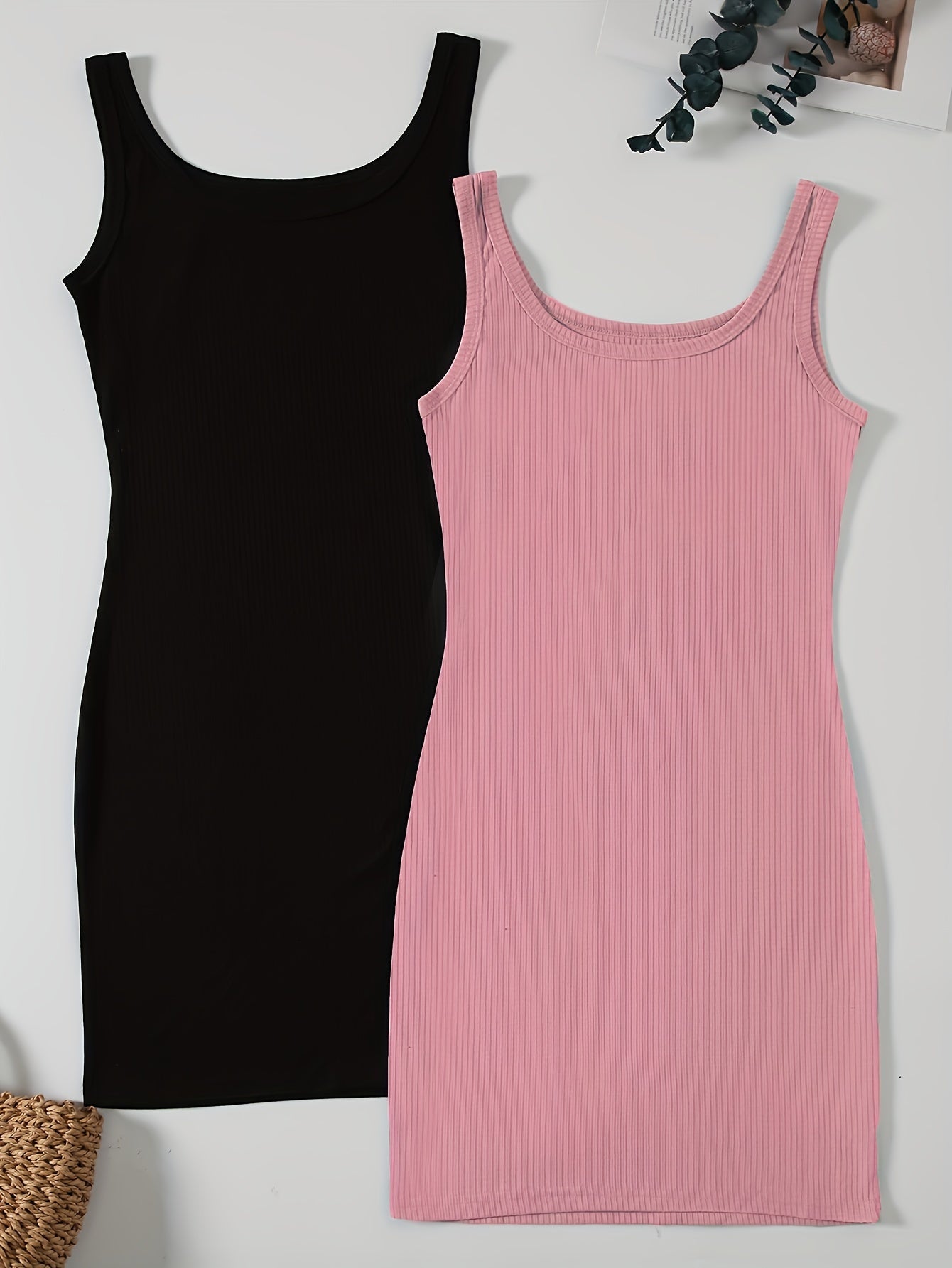 Sixsr 2 Pieces Solid Bodycon Tank Dress, Casual Crew Neck Dress For Spring & Summer, Women's Clothing