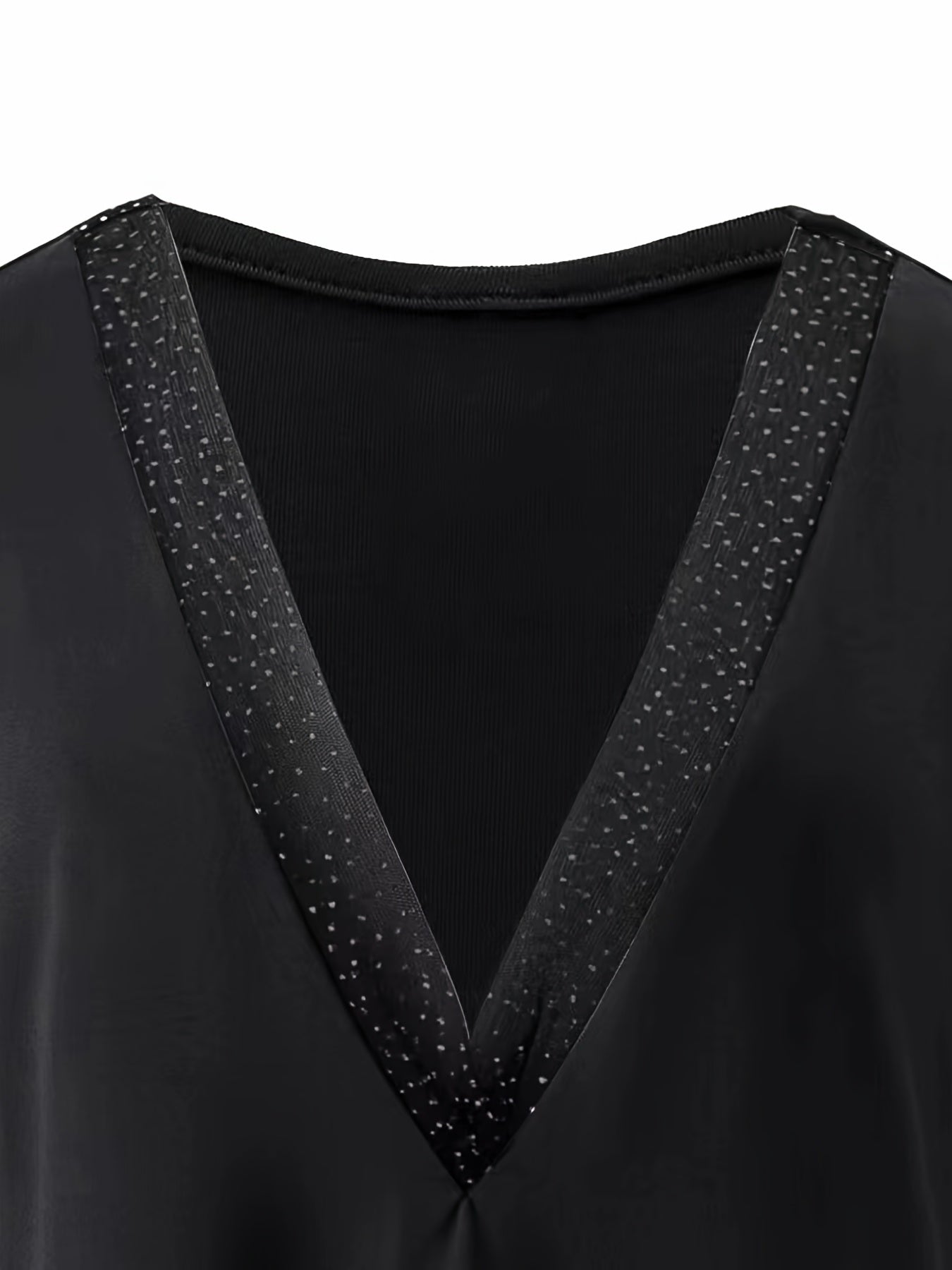 Sixsr Solid Stitching Mesh Sleeve V-Neck Loose Top, Stylish Pullover Shirts, Women's Clothing