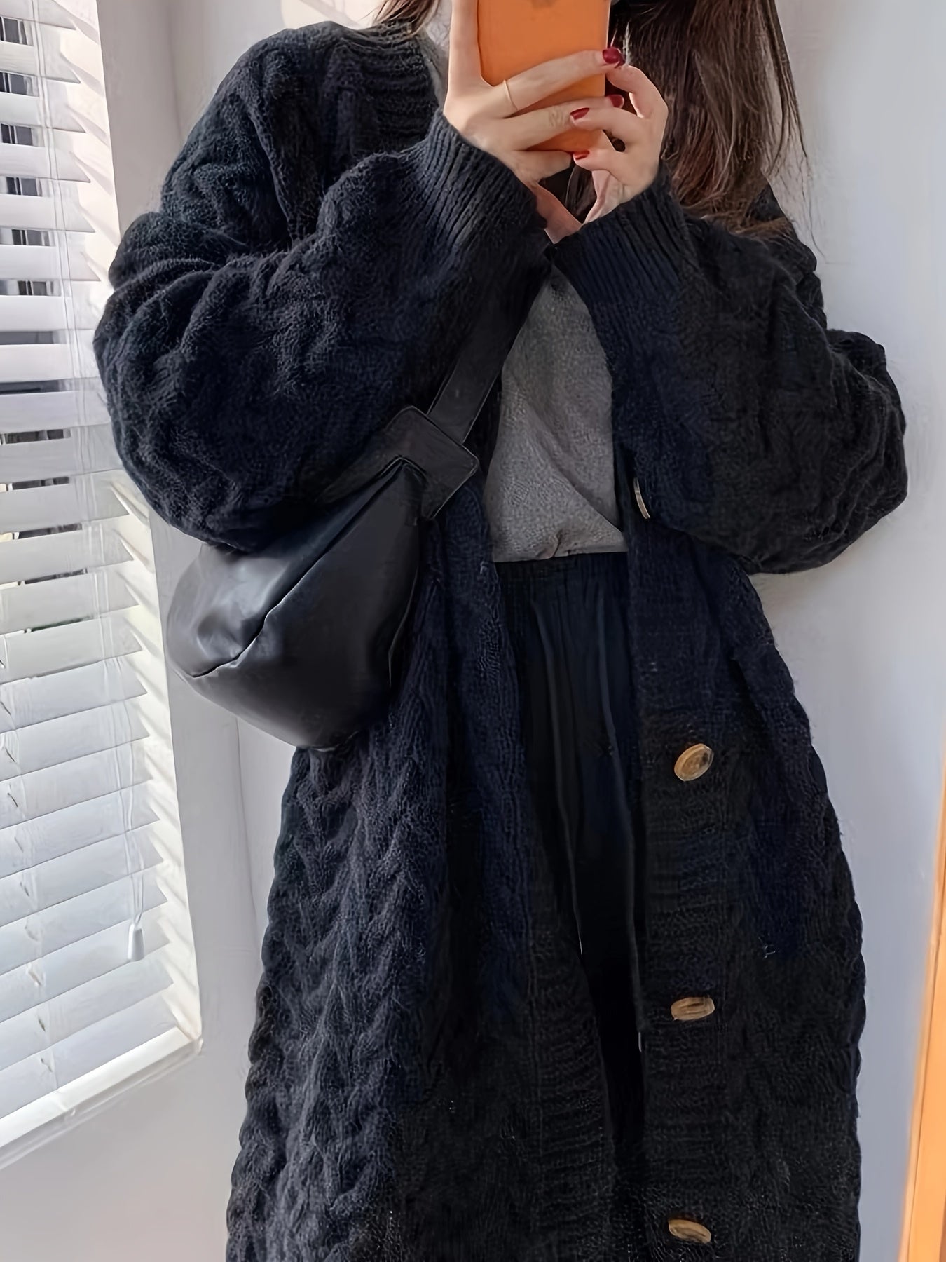 Sixsr Solid Button Down Cable Knit Cardigan, Casual Long Sleeve Mid Length Sweater Coat, Women's Clothing