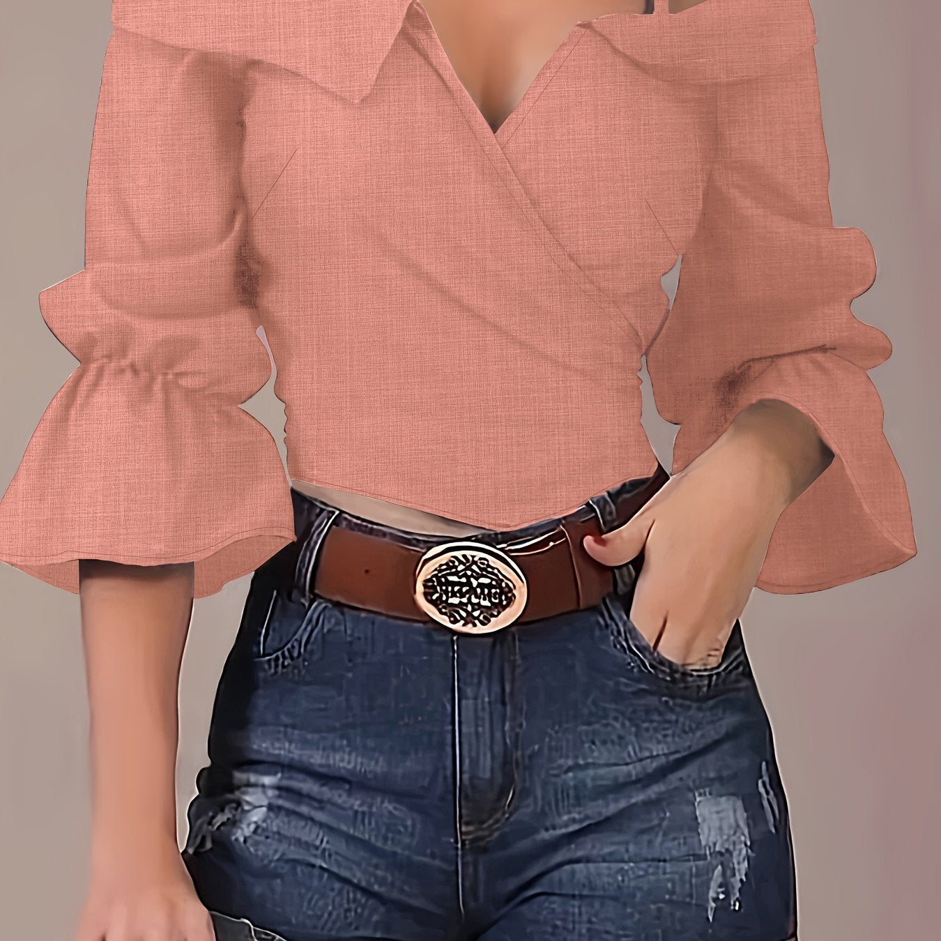 Sixsr Solid Spaghetti Strap Blouse, Casual Bell Sleeve Surplice Neck Blouse, Women's Clothing