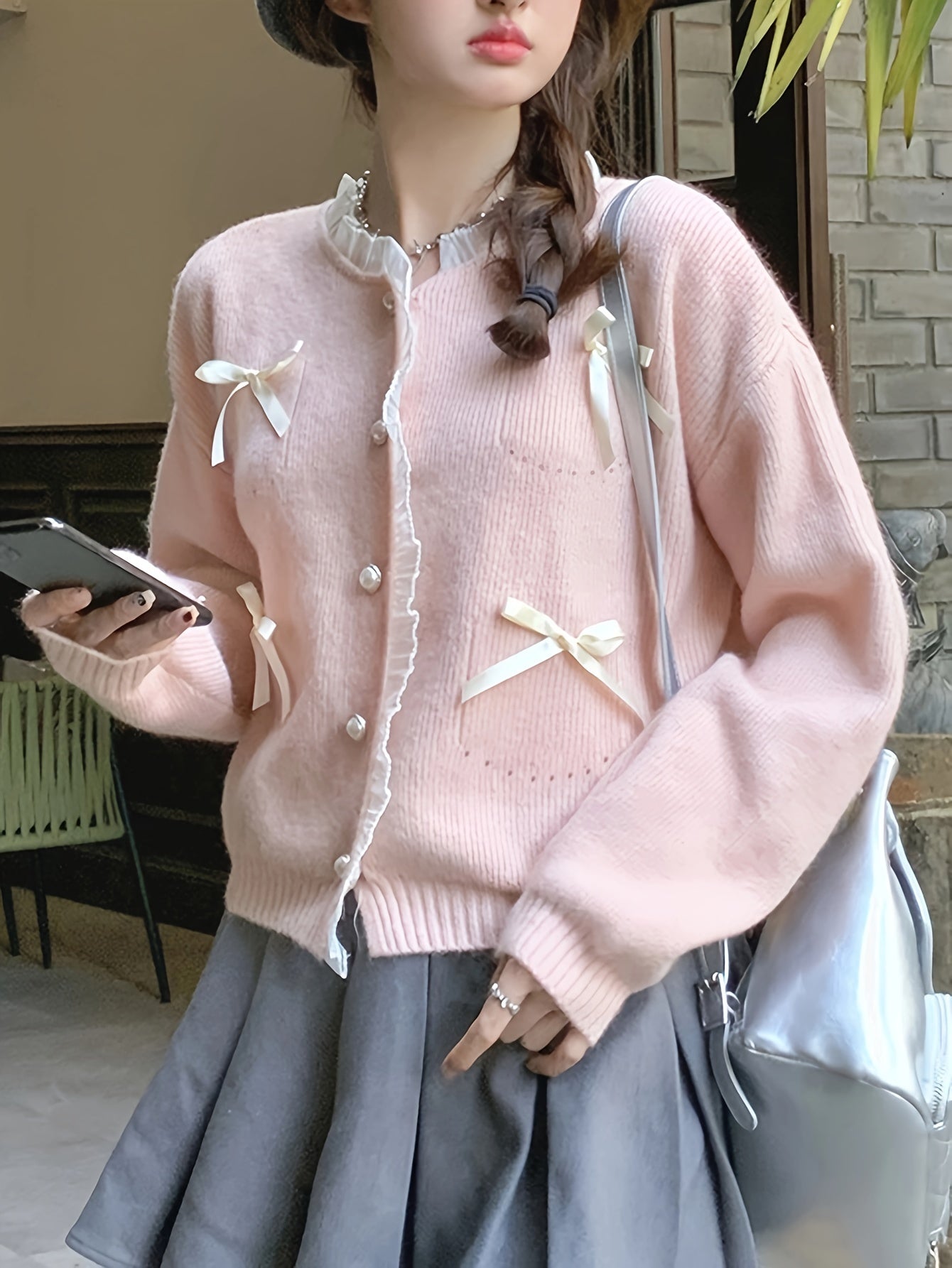 Sixsr Butterfly Knot Knitted Cardigan, Casual Lace Splicing Button Front Long Sleeve Cardigan For Fall & Winter, Women's Clothing