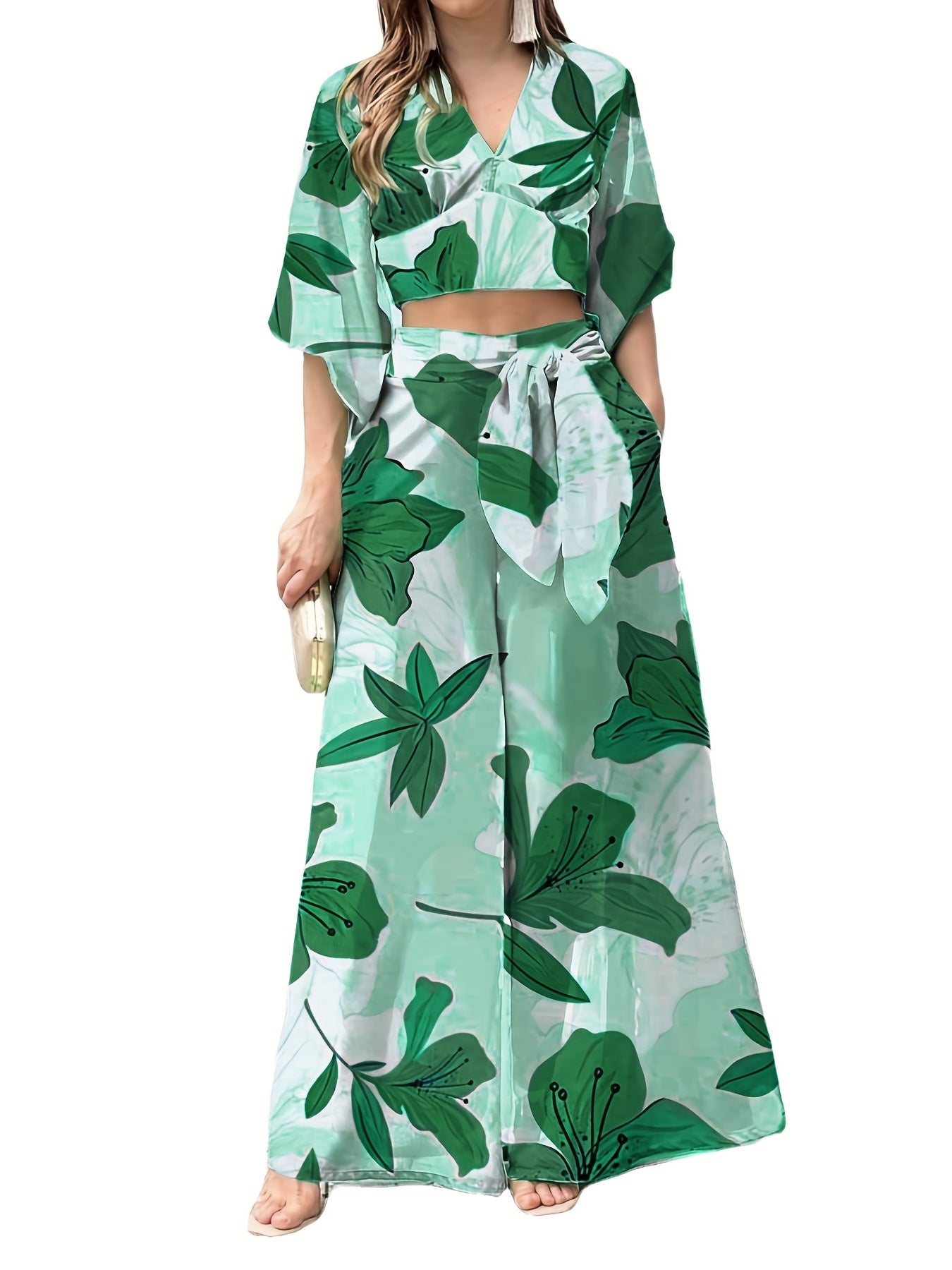 Floral Print V-neck Lace Up Suit, High Waist Wide Leg Pants And Lantern Sleeve V-neck Top Set, Women's Clothing