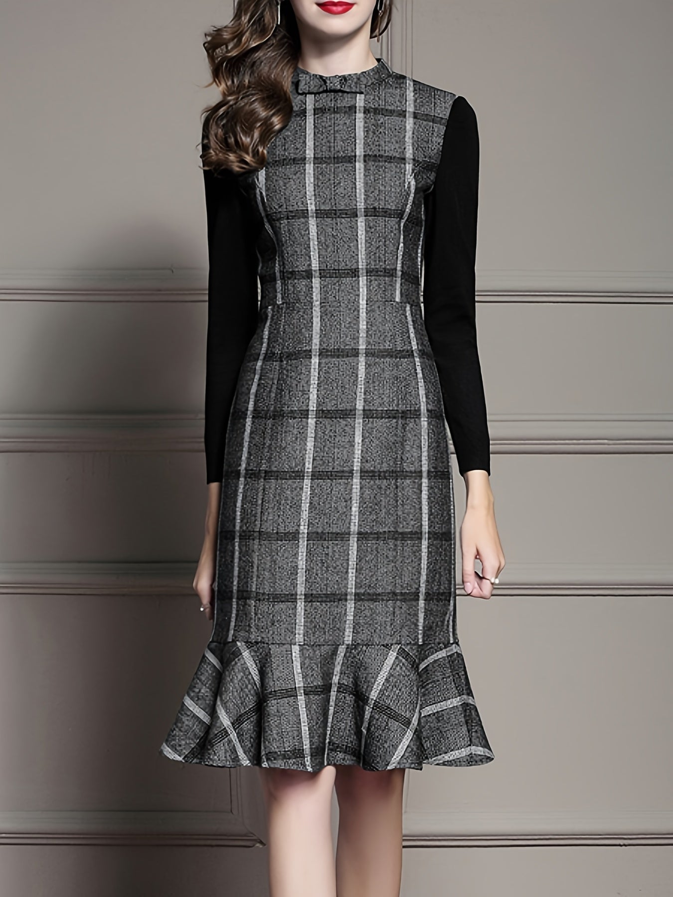 Sixsr Plaid Print Mermaid Hem Dress, Elegant Long Sleeve Bodycon Party Dress, Women's Clothing