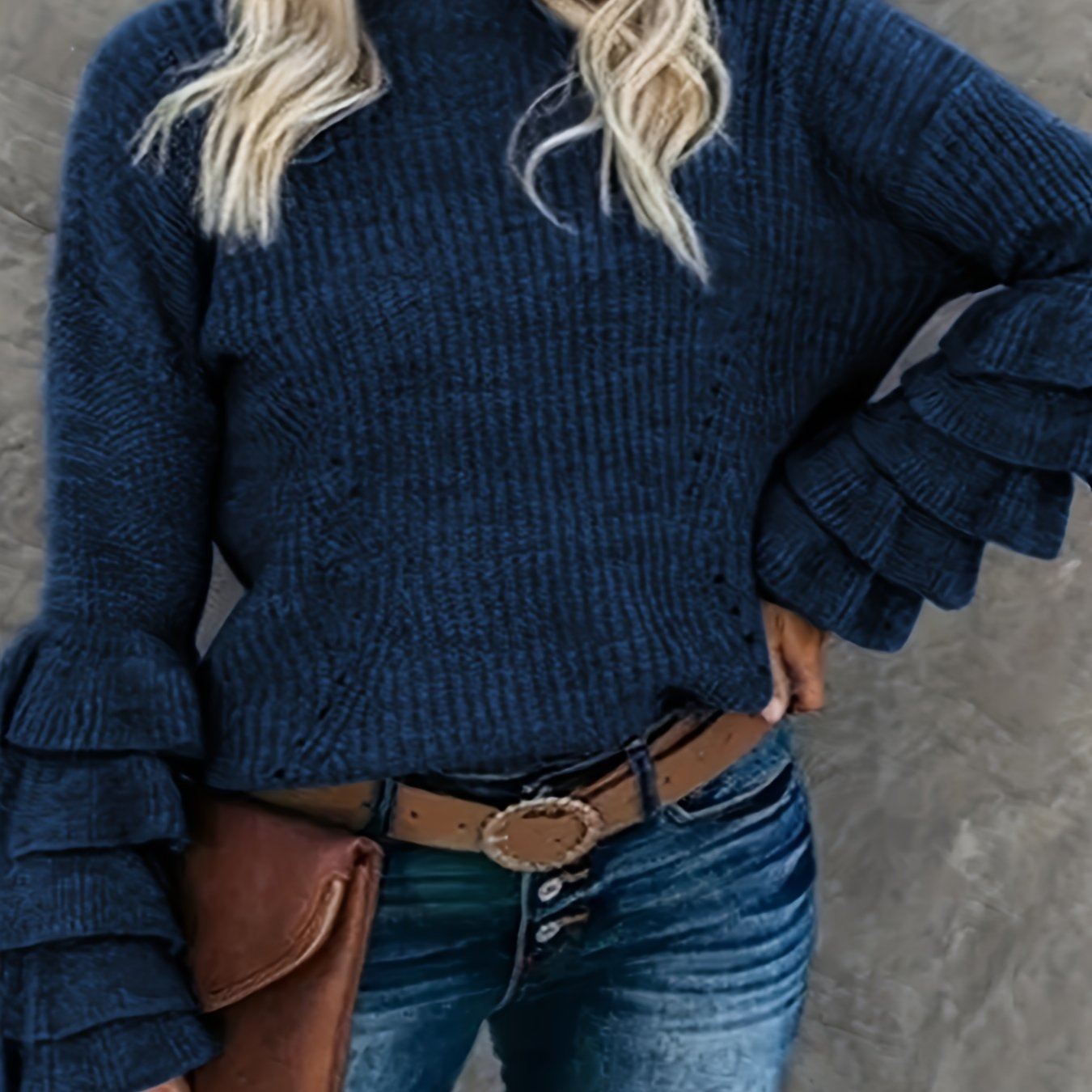 Sixsr Plus Size Elegant Sweater, Women's Plus Solid Layered Sleeve Round Neck Pullover Sweater