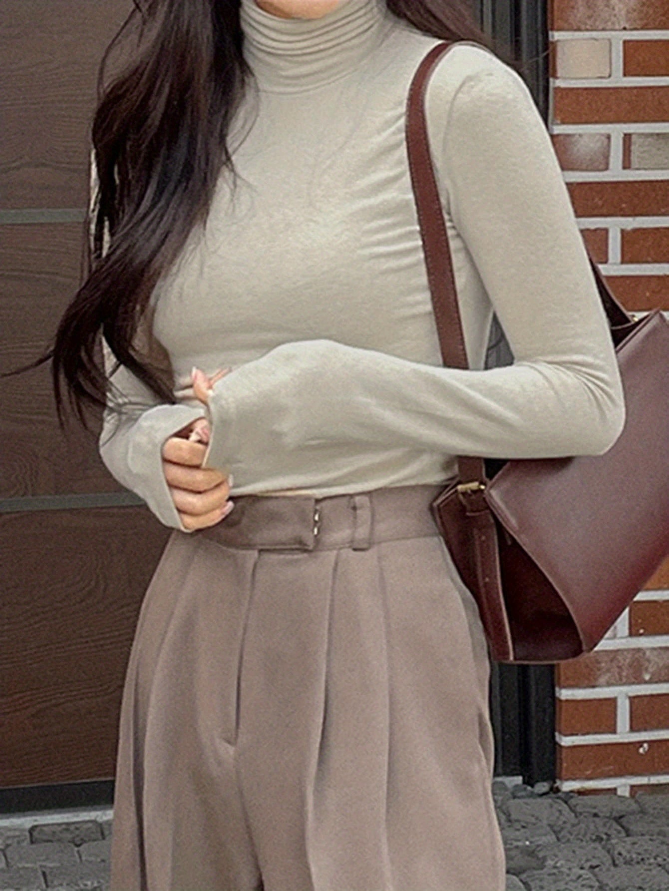 Sixsr Solid Turtle Neck Slim T-Shirt, Casual Long Sleeve T-Shirt For Spring & Fall, Women's Clothing