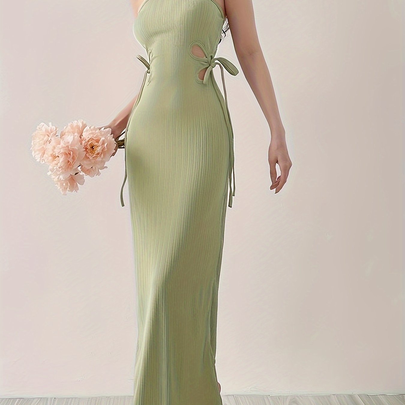 Sixsr Halter Neck Hollow Solid Dress, Elegant Sleeveless Bodycon Party Dress, Women's Clothing