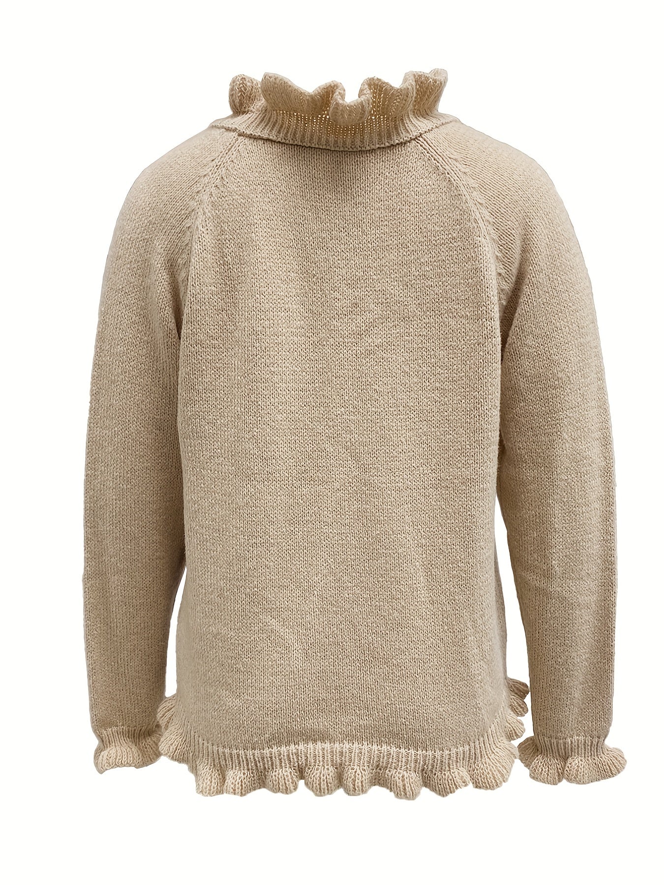 Sixsr Solid V Neck Button Ruffle Hem Pullover Sweater, Casual Long Sleeve Sweater For Fall & Winter, Women's Clothing