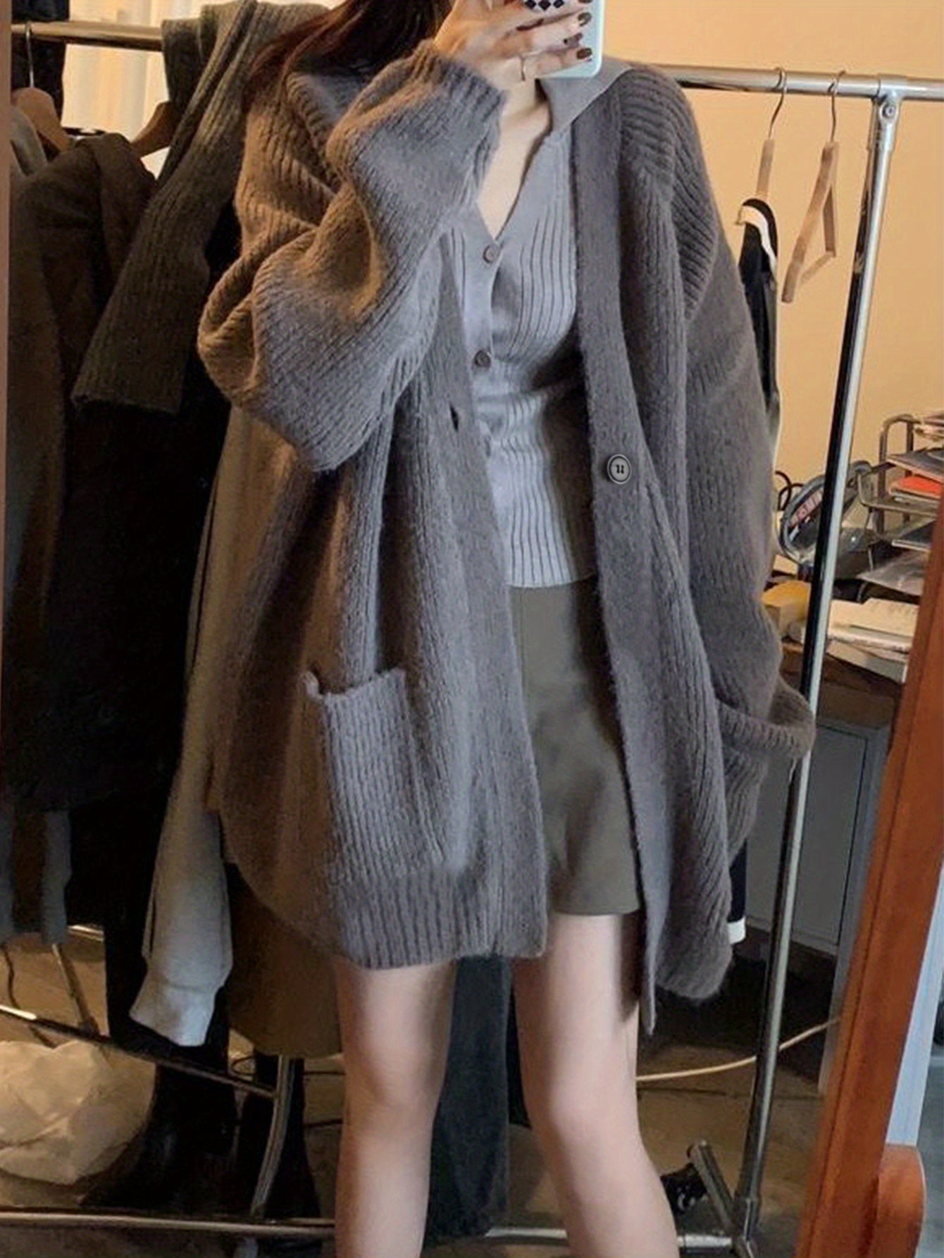 Sixsr Patched Pockets V-neck Cardigan, Elegant Long Sleeve Cardigan For Fall & Winter, Women's Clothing