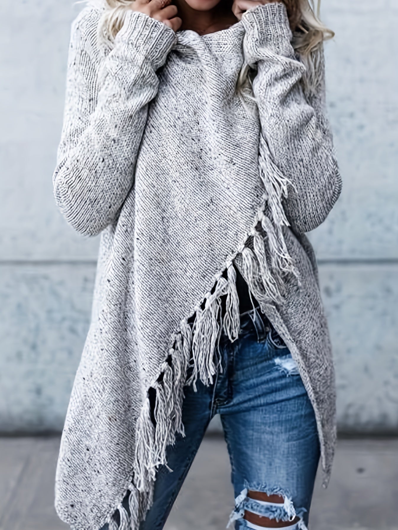 Sixsr Plus Size Casual Sweater, Women's Plus Solid Tassel Trim Long Sleeve Cowl Neck High Stretch Jumper