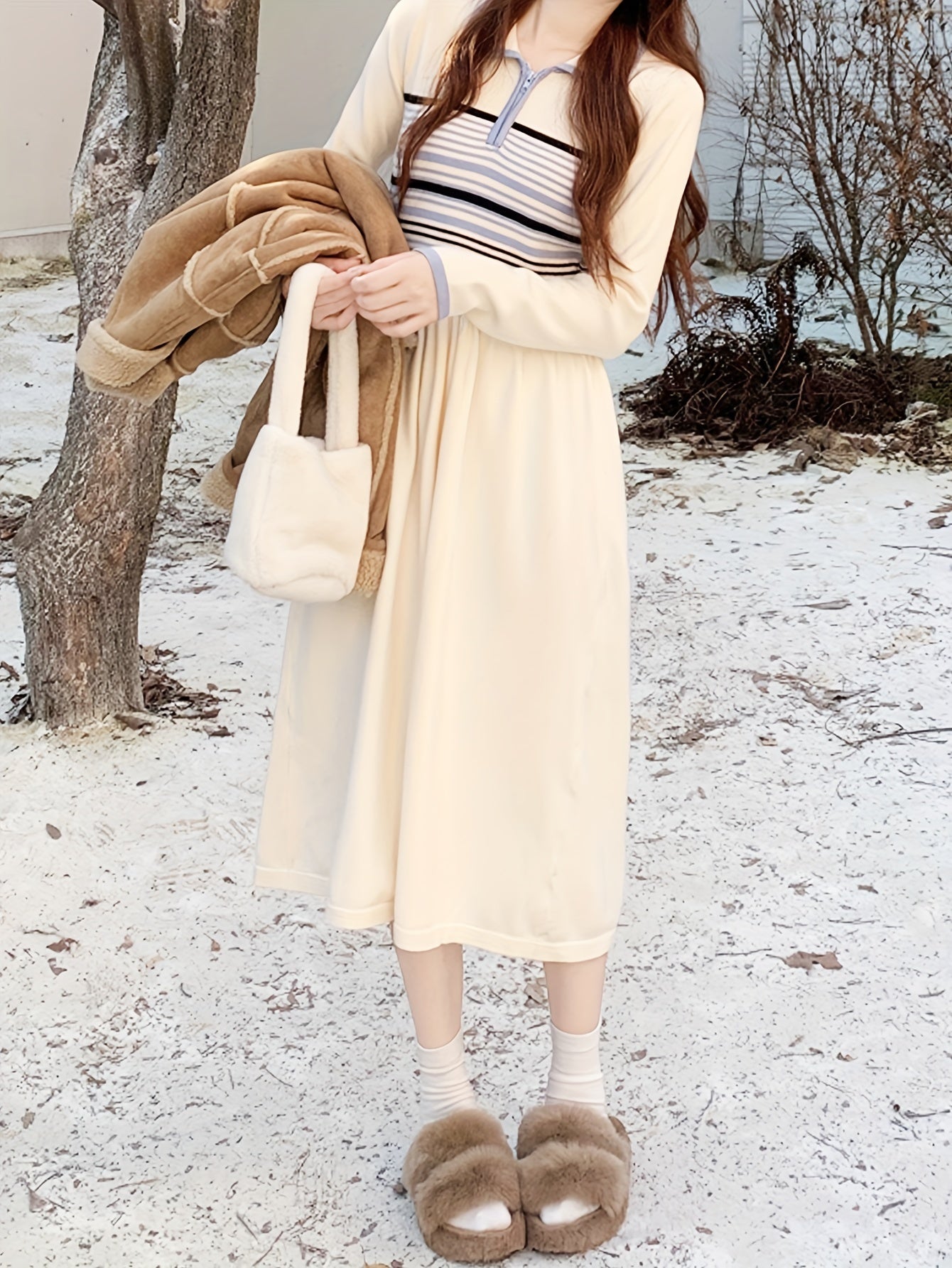 Sixsr Striped Contrast Trim Waist Sweater Dress, Long Sleeve Lapel Collar Causal Dress, Women's Clothing