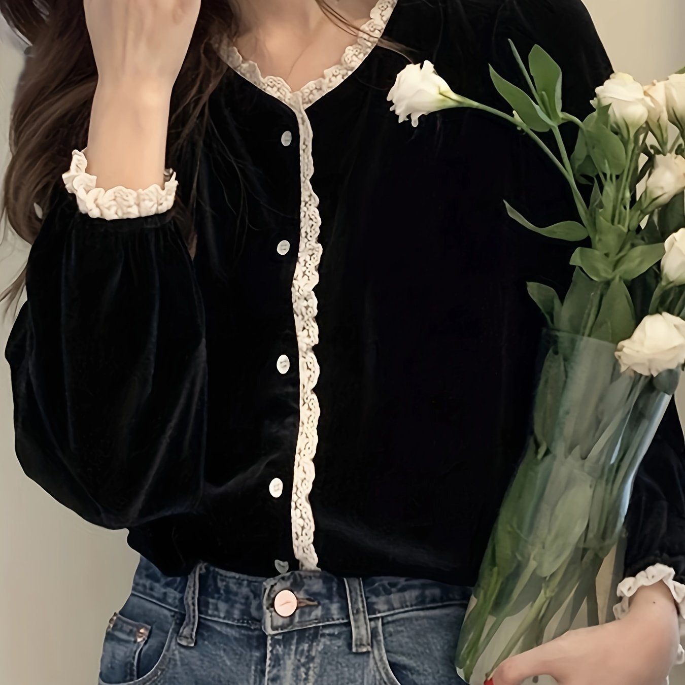 Sixsr Lace Stitching V-neck Velvet Blouse, Vintage Long Sleeve Button Front Blouse For Spring & Fall, Women's Clothing