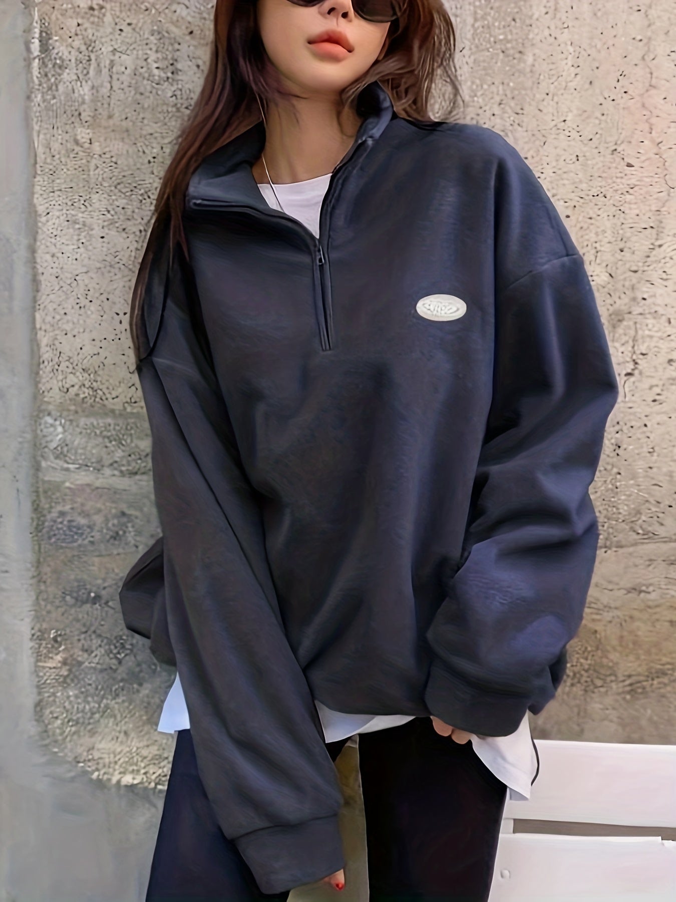 Sixsr Slogan Pattern Quarter Zip Pullover Sweatshirt, Casual Long Sleeve Lapel Sweatshirt For Fall & Winter, Women's Clothing