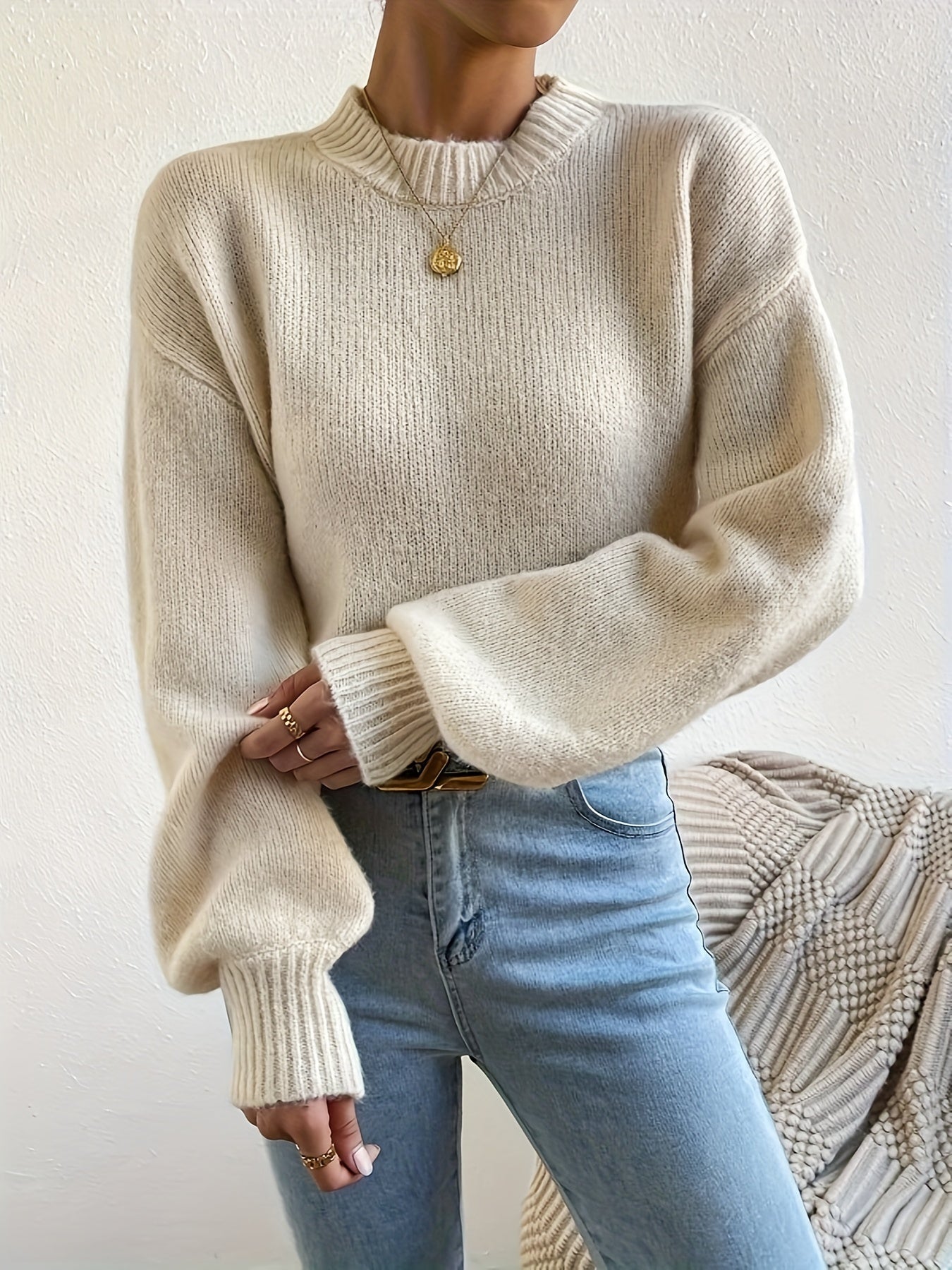 Sixsr Solid Crew Neck Pullover Sweater, Casual Long Sleeve Sweater For Fall & Winter, Women's Clothing
