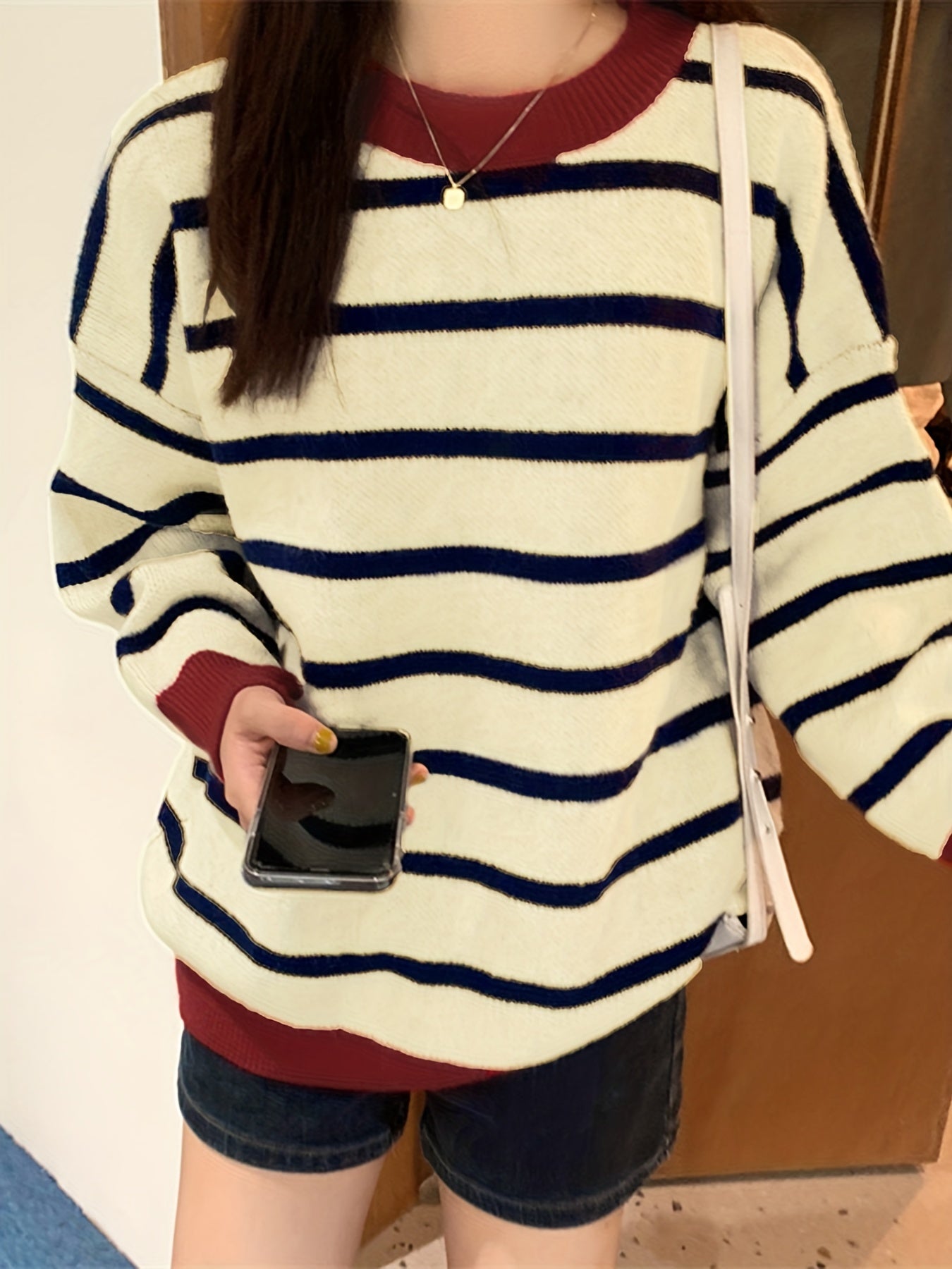 Sixsr Color Block Striped Pullover Sweater, Casual Long Sleeve Crew Neck Sweater For Fall & Winter, Women's Clothing