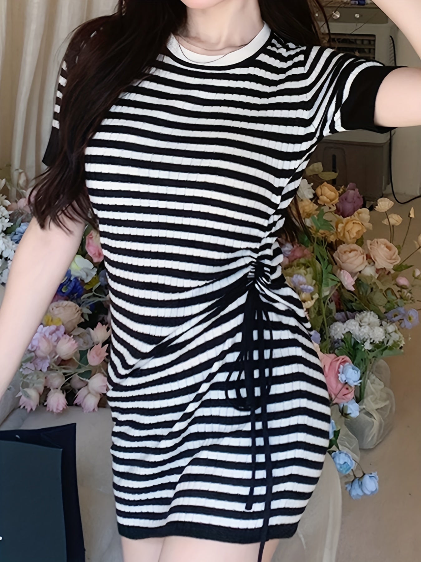 Sixsr Striped Bodycon Dress, Casual Cute Crew Neck Short Sleeve Bag Hip Drawstring Dress, Women's Clothing