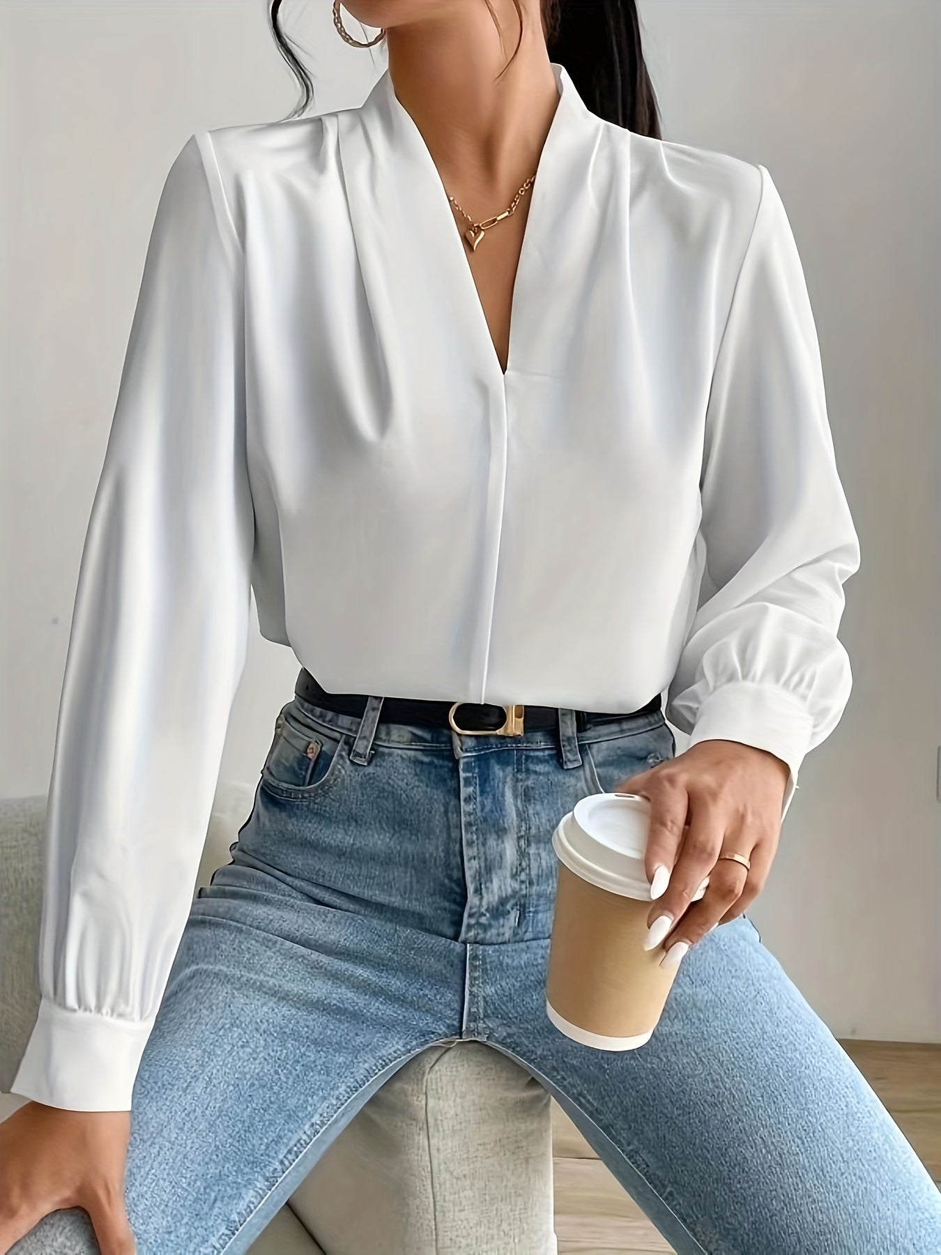 Sixsr Solid V-neck Pleated Blouse, Elegant Long Sleeve Blouse For Office & Work, Women's Clothing